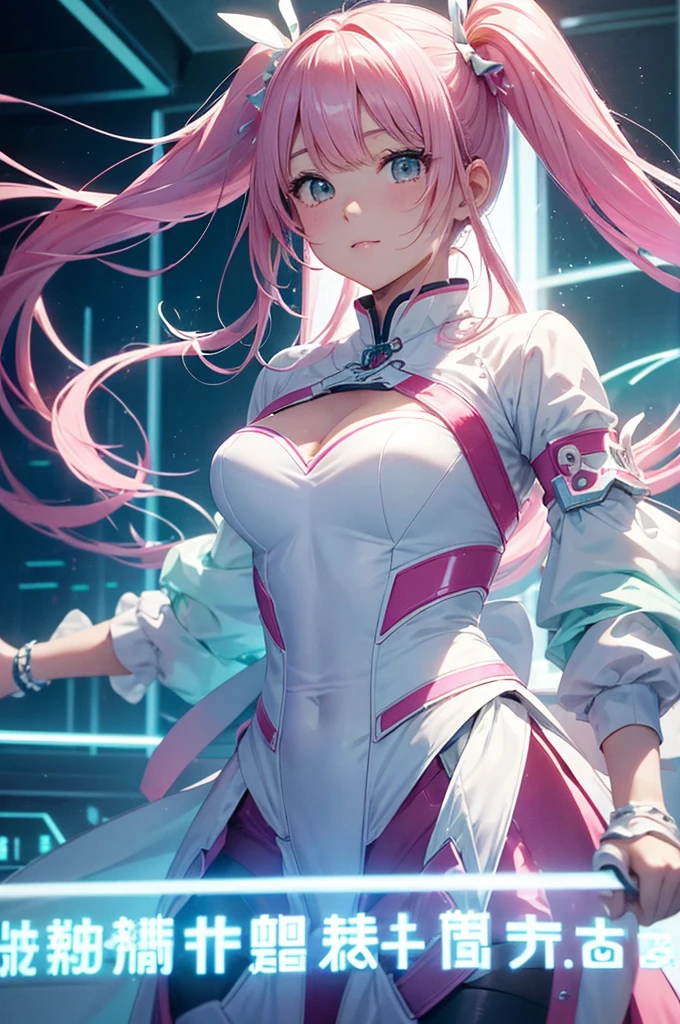 Sexy android girl in white and pink outfit with pink hair