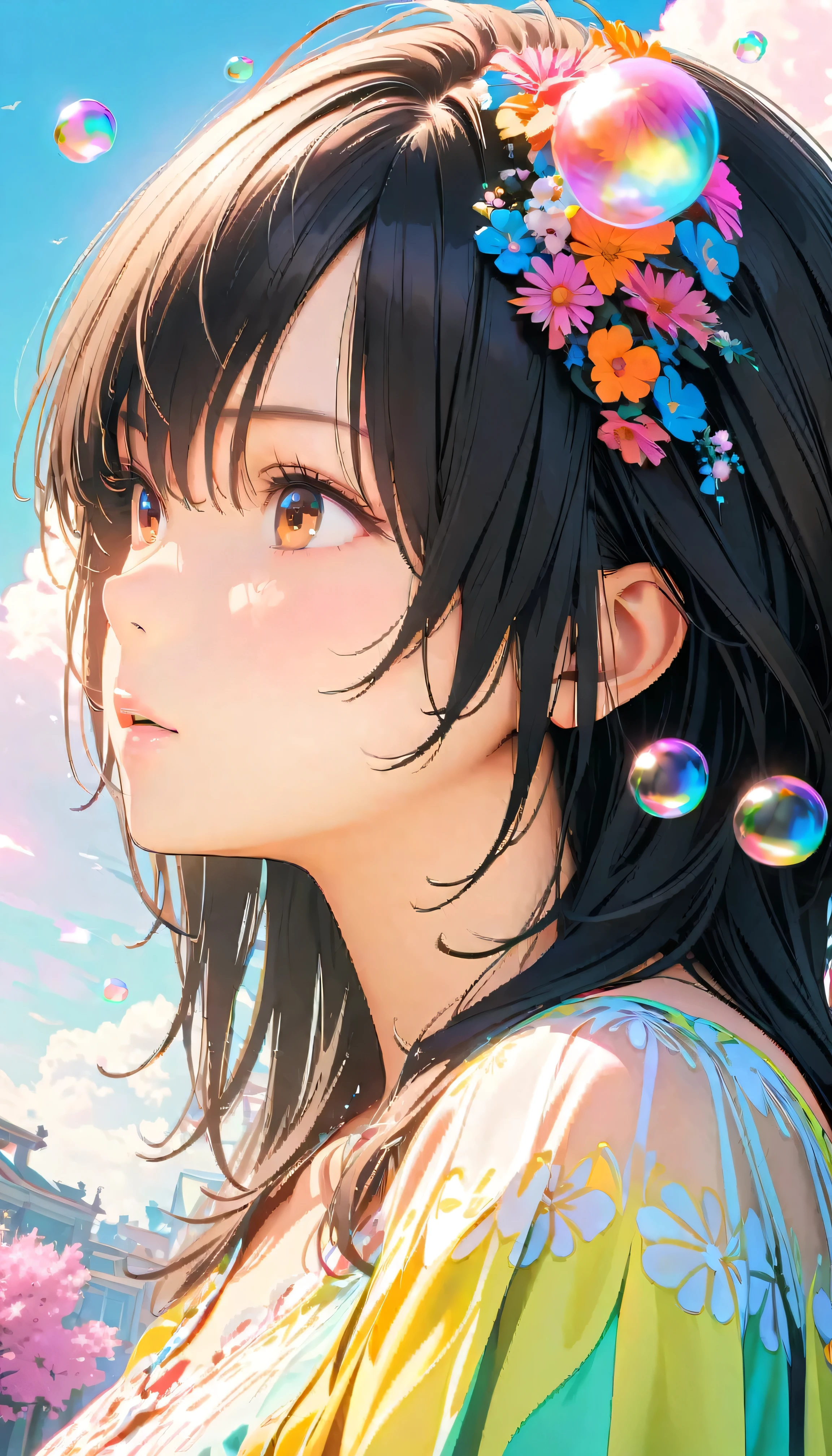 Best Quality, Super Fine, 8k, Unbelievably absurd, Very detailed, 2.5D, Beautiful Goddess, Soap bubbles, Pastel colored clouds, Sunshine, Pop Art, Delicate and dynamic, Pastel color fantasy, Black Hair, Official Art