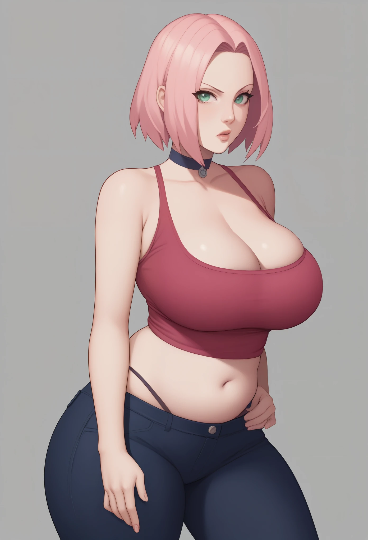 Haruno Sakura. short pale pink hair, large light green eyes, a large forehead, thin lips, Huge saggy breasts and very bbw. huge hips. An angry expression on his face. choker. shirt. bar. (thong outline under pants), bend over, bedroom