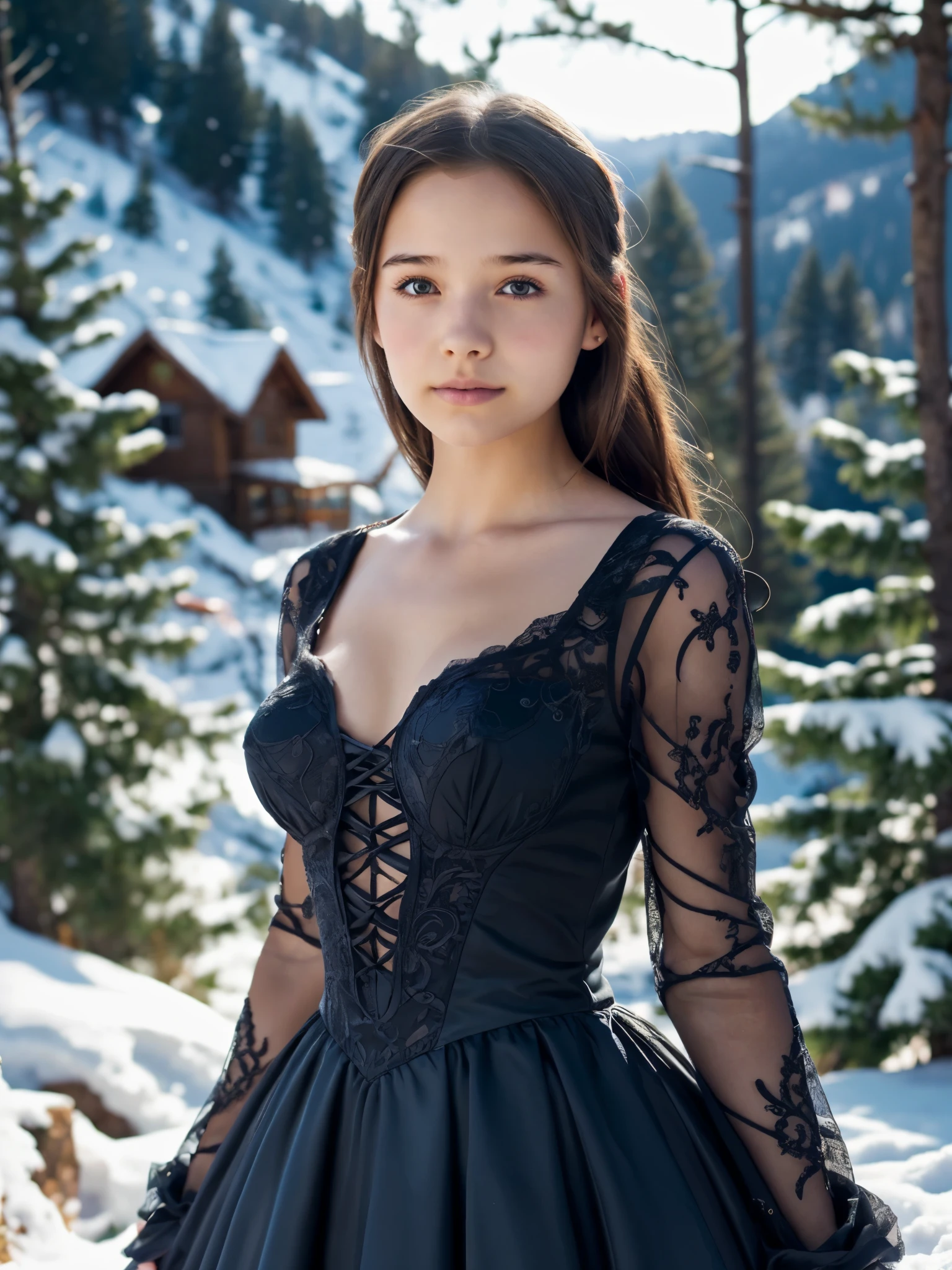 girl, , cute:1.6), lavish gothic garb gown, painstaking lace, intricate details, (medium breasts:1.2), detailed face, looking at viewer, sharp focus, steep hill, snowy hill, snowing, pine forest, pine trees, snow particles, warm feeling, warm light, (photorealistic, highest quality:1.4), rough rocks, blurry background, bokeh,