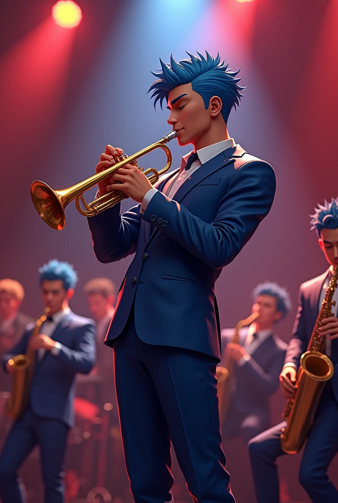 (best quality,8k,highres, masterpiece:1.2), (anime style),ultra-detailed, HDR, UHD, studio lighting, ultra-fine painting, sharp focus, physically-based rendering, extreme detail description, professional, vivid colors, bokeh, portraits, concept artists, warm color palette, dramatic lighting,Big band, suit, saxophone, stand up and play, redhead, brown skin, eyes closed, on stage,