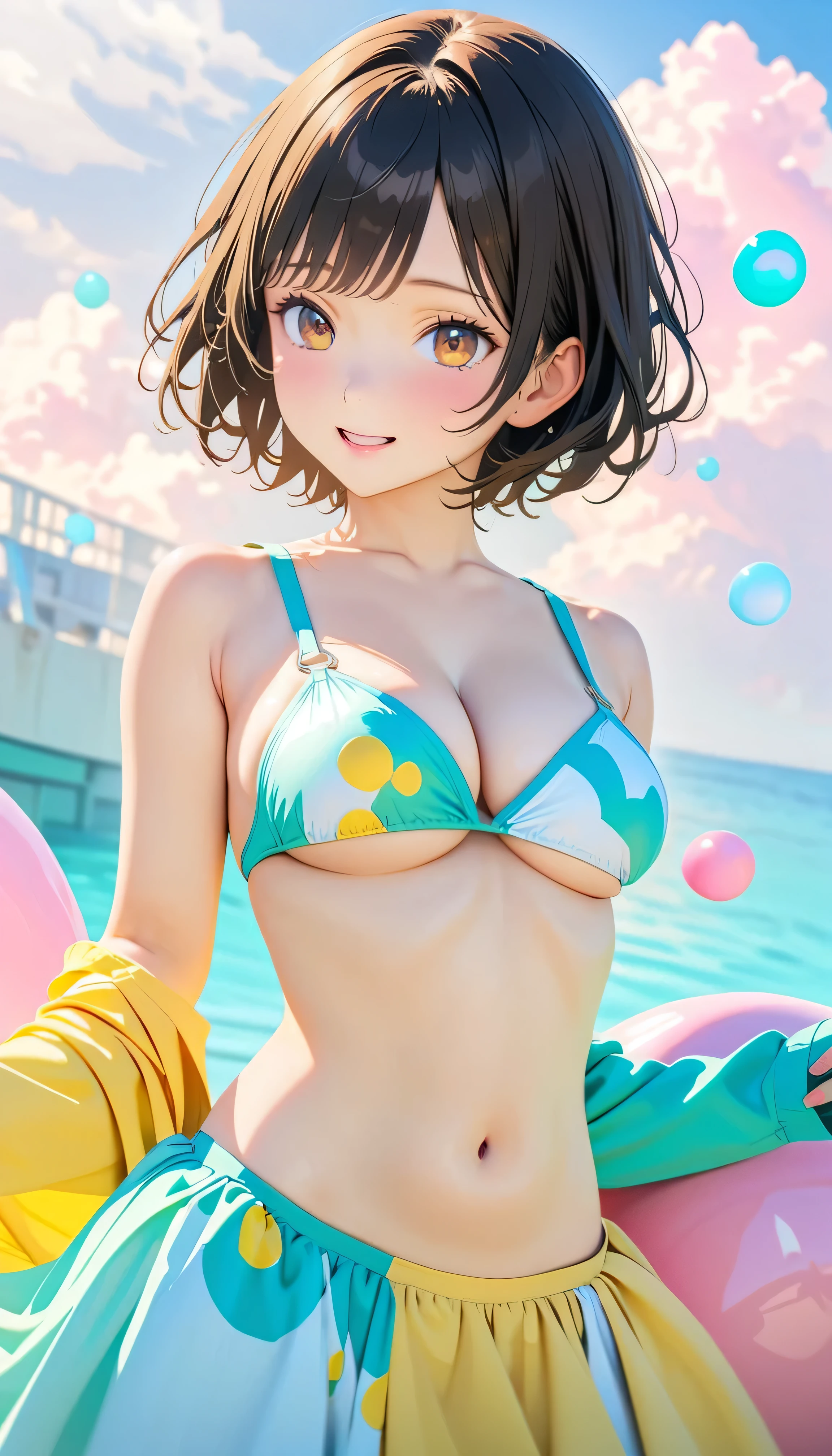 (8K, 超A high resolution, Best Quality, masutepiece:1.2),(26 year old:1.2)、(huge smile)、(Look away)、8K、RAW portrait of japanese girl、Photorealsitic、超A high resolution、top-quality、 (huge-breasted, cleavage:1.58),(Rainbow T-back bikini:1.5)、(From the side:1.48)、Spread your legs apart、Spread your crotch、Show the armpits、(Tropical Beach:1.4) BREAK (Natural Skin Texture、Detailed skin、Hyper-Realism、ultra sharpness)、intricate detailes、depth of fields、Japan idol system、Nogizaka Idol、hposing Gravure Idol、actress、tall、adult lady、Ultra-fine T-back、爆乳、a short bob、Beautiful butt、(Lower breast、Transverse breasts:1.88)、T-back high-leg bikini
