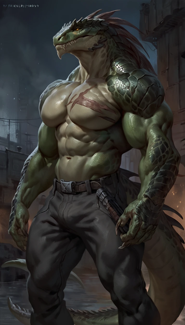 Muscular monster lizardfolk, solo, pants, mercenary, dark green body, body made of steel, strong, armless transparent tight tarpaulin, metallic scales, black belly, scars on body, 1male solo, anthro, muscular, wide back, small waist, thick tail, thick scales on the shoulders, marked jaw, pecs, big pecs, pants, full body, comicbook style, night time,  best quality, 4k, ultra-detailed, by laobai, by taran fiddler, by honovy, by null-ghost, by thebigslick