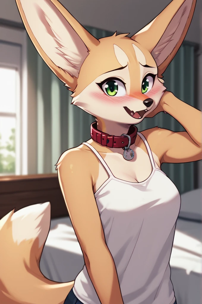 score_9, score_8_up, score_7_up, score_6_up, score_5_up, score_4_up, source_furry, by euf-dreamer, standing, indoors, bedroom, bed, upper body BREAK female, anthro, fennec, fox, tan fur, hand on own face, collar, white camisole,  medium breasts, smile, looking at viewer, green eyes, blush, open mouth  