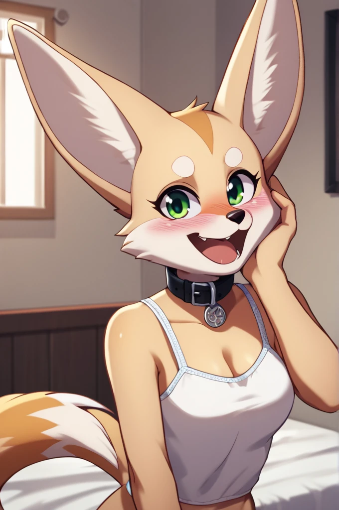 score_9, score_8_up, score_7_up, score_6_up, score_5_up, score_4_up, source_furry, by euf-dreamer, standing, indoors, bedroom, bed, upper body BREAK female, anthro, fennec, fox, tan fur, hand on own face, collar, white camisole,  medium breasts, smile, looking at viewer, green eyes, blush, open mouth  