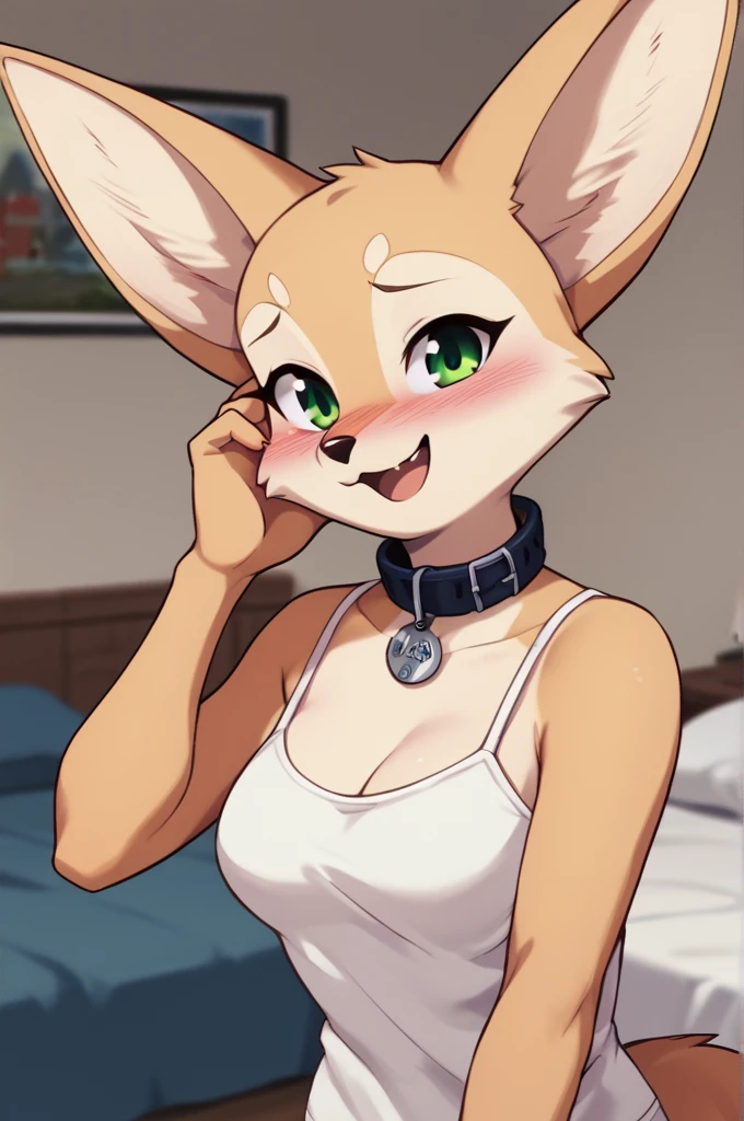 score_9, score_8_up, score_7_up, score_6_up, score_5_up, score_4_up, source_furry, by euf-dreamer, standing, indoors, bedroom, bed, upper body BREAK female, anthro, fennec, fox, tan fur, hand on own face, collar, white camisole,  medium breasts, smile, looking at viewer, green eyes, blush, open mouth  