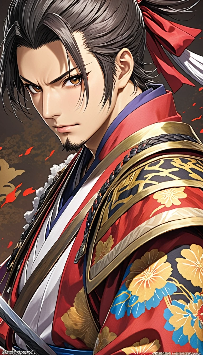 Sengoku Warlords、A close-up of Mori Ranmaru&#39;A face captured completely from the front。He is looking straight into the camera with a piercing gaze.、His facial features are prominent, He exudes masculine strength forged on the battlefield..。Strong, square jawline.、His face is calm、It expresses a strong will.。expensive, Chiseled cheekbones and straight nose、It symbolizes the firm self-confidence of the young military commander..。Thick eyebrows and a sharp gaze、It gives off an unyielding spirit and unwavering pride..。Her black hair was neatly tied up.、Her hair was tied in a ponytail、It further accentuates his attractive, masculine appearance..。The mouth is tightly closed、The strong determination hidden within is revealed..。The background is the night battlefield of Honnoji Temple..、A fire burning in the distance、This further accentuates his calm and powerful frontal expression..。Upper body photo