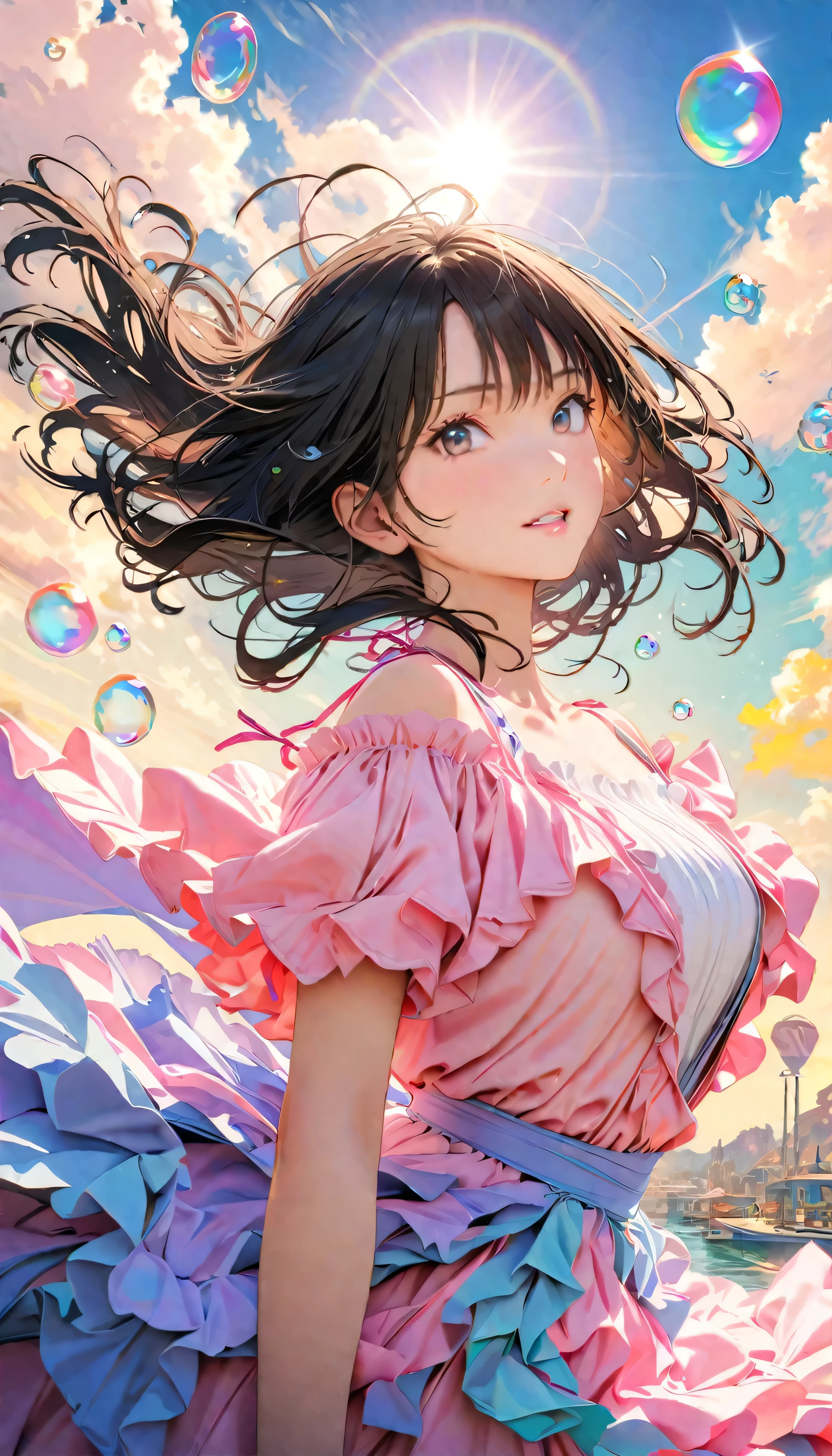 Best Quality, Super Fine, 8k, Unbelievably absurd, Very detailed, 2.5D, Beautiful Goddess, Soap bubbles, Pastel colored clouds, Sunshine, Pop Art, Delicate and dynamic, Pastel color fantasy, Black Hair, Official Art