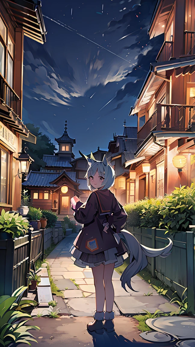 masterpiece, Best Quality, High resolution, Very detailed,(((Seiun Sky))), (((Horse Girl))), (((fence)))、(((smile)))、(((Standing at a distance))), (((Facing forward。))), night, (((Lantern))), (((Plants)))