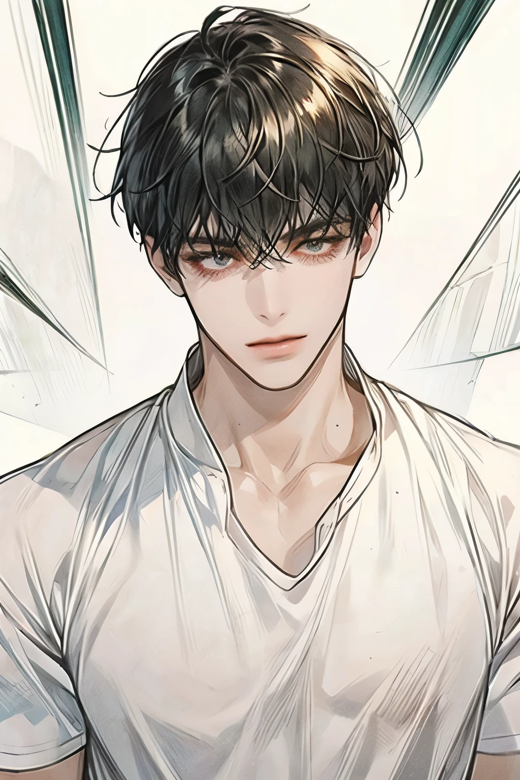 Handsome boy with bangs, white t-shirt, white background, high quality, masterpiece