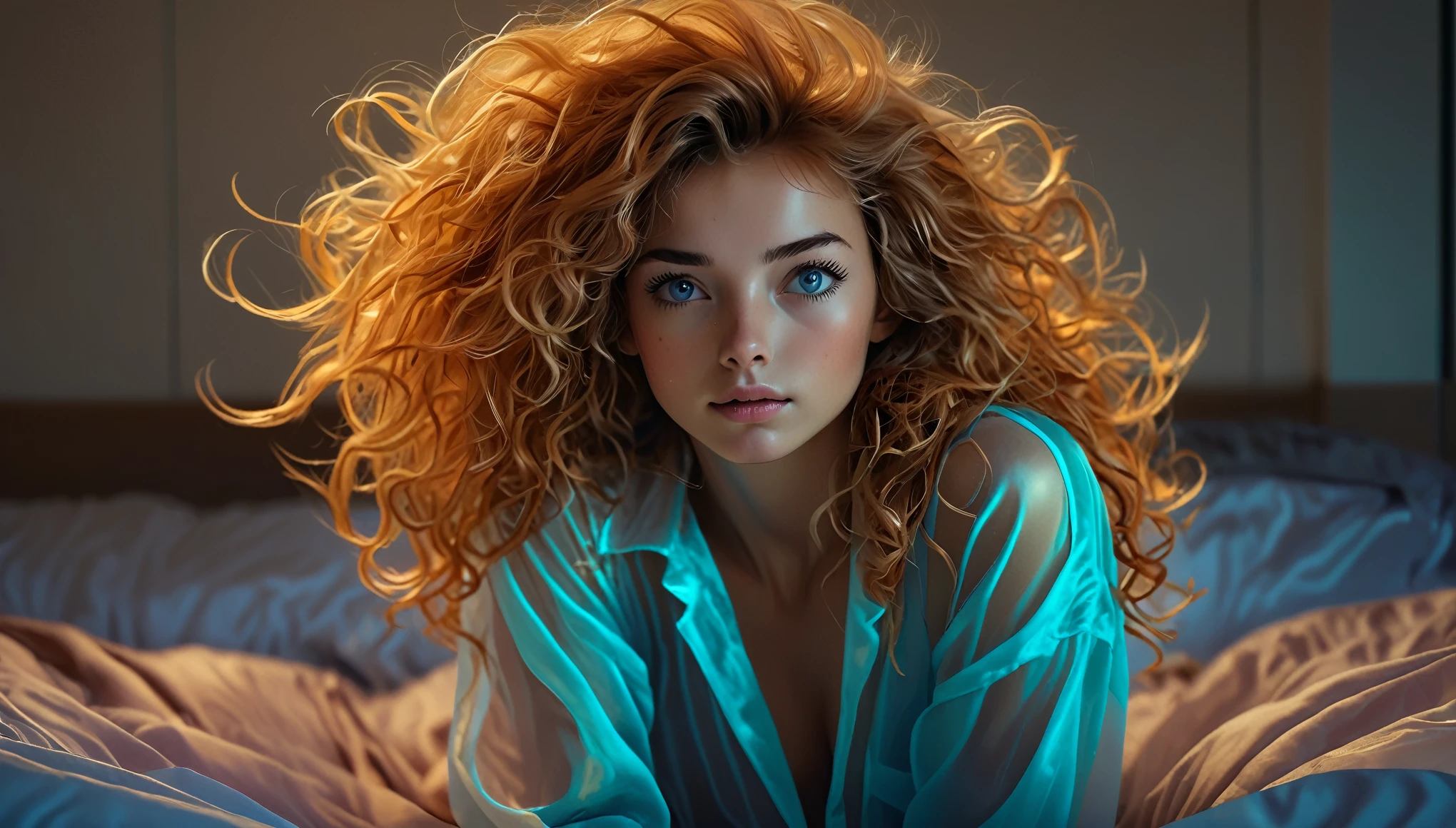 Top Quality, Masterpiece, High Resolution, 8k, (((skinny girl in an oversized sheer silk crop shirt with plunging cleavage, see-through, wide neckline, deep neckline, small natural breasts, beautiful detailed eyes, small closed mouth, extremely detailed face, random red curly hair style, small hips, in a spaceship, on the bed, random color))), intricate details, at night, random pose, random neon colors, full body view