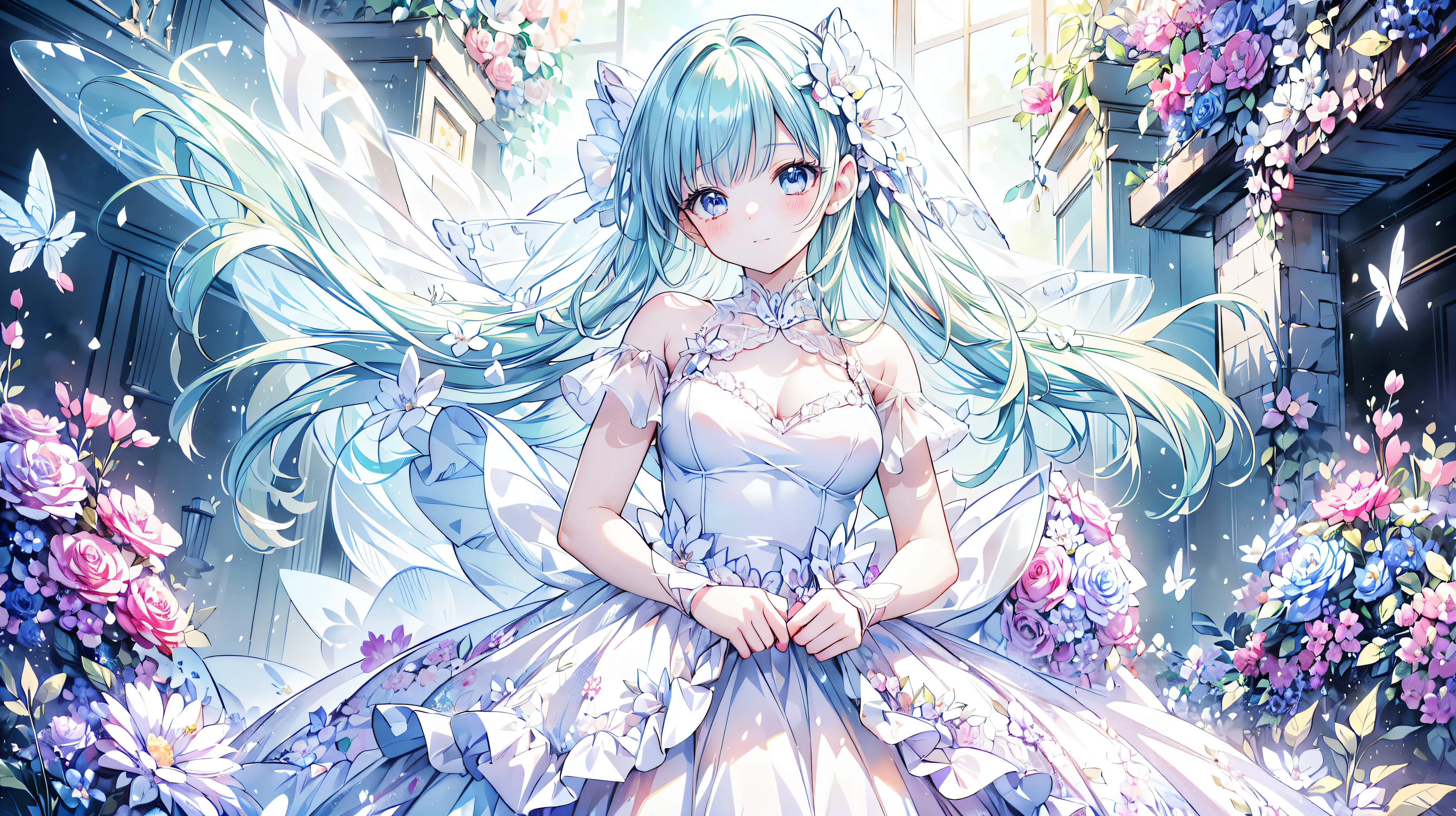 (((superbly detailed drawing, ultra detailed, exquisite quality, absolutely resolution))), (hyper detailed wedding dress with many multiple frills, flared hoop skirt, transparency), (((solo lady))), beautiful wave long hair, ((blushing, embarrassed)), hyper detailed skin, hyper delicate eyes, super delicate and beautiful face, light makeup, cowboy shot, (((surrounded by so many flowers, floral background))), (shallow depth of field:1.3), (hyper realistic:1.2), 