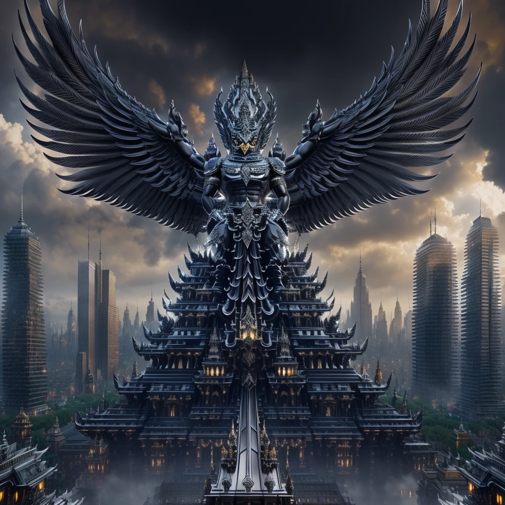 Masterpiece,very detailed(Metallic black,reflect,:1.3)Rey Garuda PhayaKrut{La mejor calidad},, super huge GARUDA solo, very detailed, city,tower,building,Road, clouds and fog,
(extremely detailed CG unity 8k wallpaper:1.1)(Masterpiece),(La mejor calidad:1.1),realistic,master anime style,perspectiva perfectaintricate detail