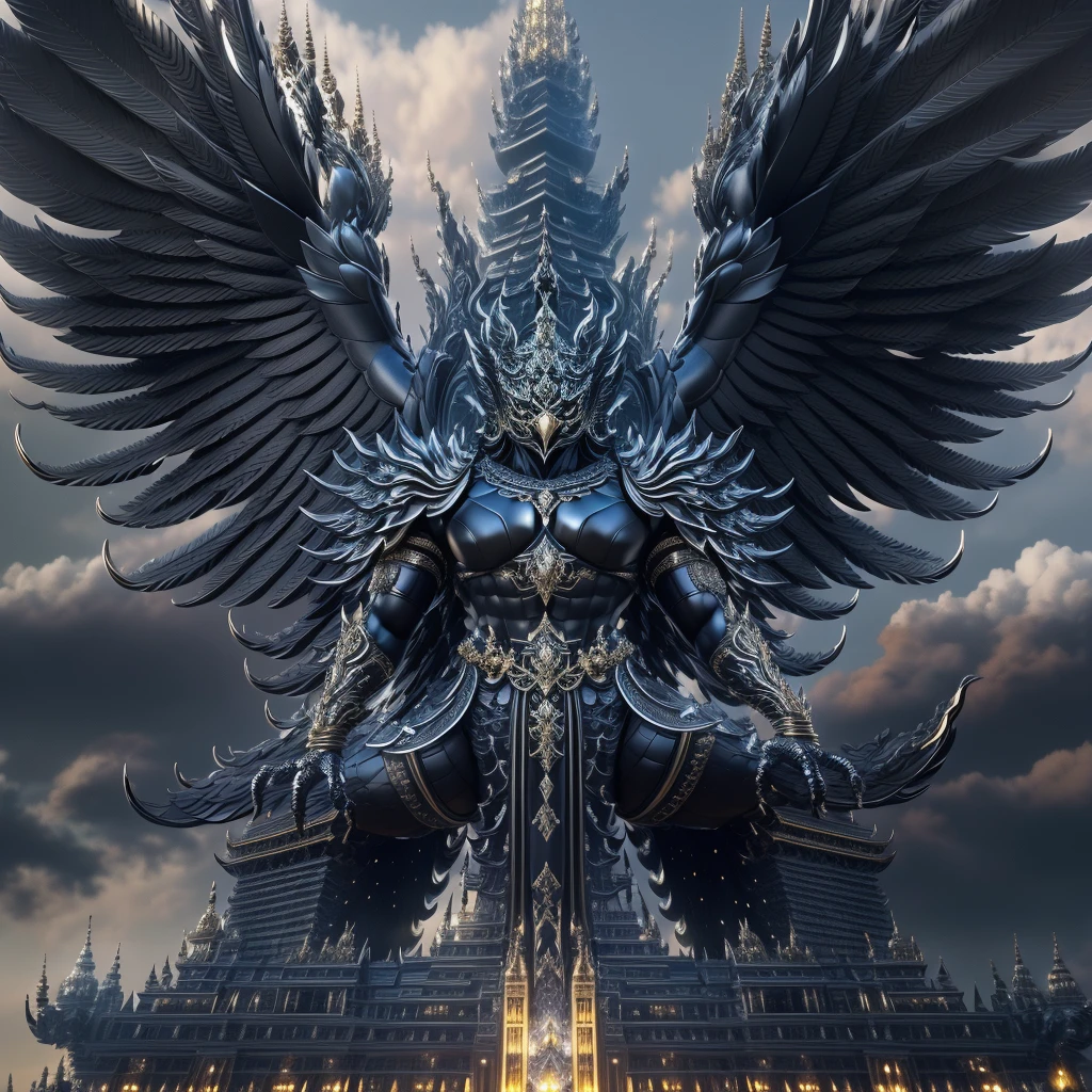 masterpiece,highly detail(Metalic Black,Reflect,:1.3)phayakrut king garuda{best quality},, super huge GARUDA solo, very detail, city,tower,building,highway, clouds and mist,
(extremely detail CG unity 8k wallpaper:1.1)(masterpiece),(best quality:1.1),realistic,style of master anime,perfect perspective,intricate detail