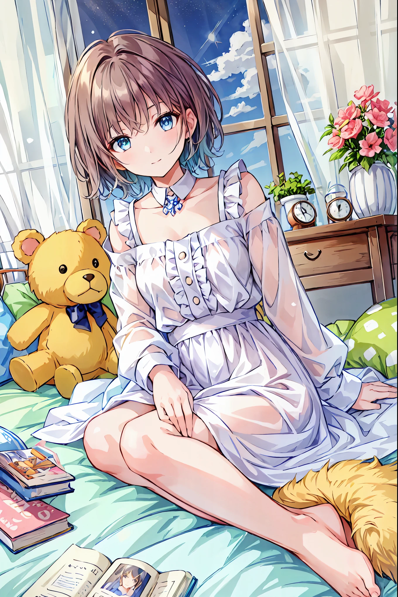 One girl, Alone, Brown Hair，Shortcuts，Messy Hair，Short braided hair，Neat，Slender beauty，A dignified posture，Small chest，Beautiful feet，魅惑的なグレーブルーの目はstarのように輝いている，Vibrant colors,Beautiful Eyes,A delicate smile,Textured Skin,The best quality at its best,A kind and beautiful woman,Anime Style, Long sleeve, Sitting, null, Shorts, barefoot, cloud, indoor, pillow, Books, barefoot, Window Bed, night, on bed, stuffed toy, moon, stuffed toy, curtain, star (null), night null, machine, starry null, bubble, teddy bear, pajamas, clock, Books, lamp, Bed room, crescent moon, ,