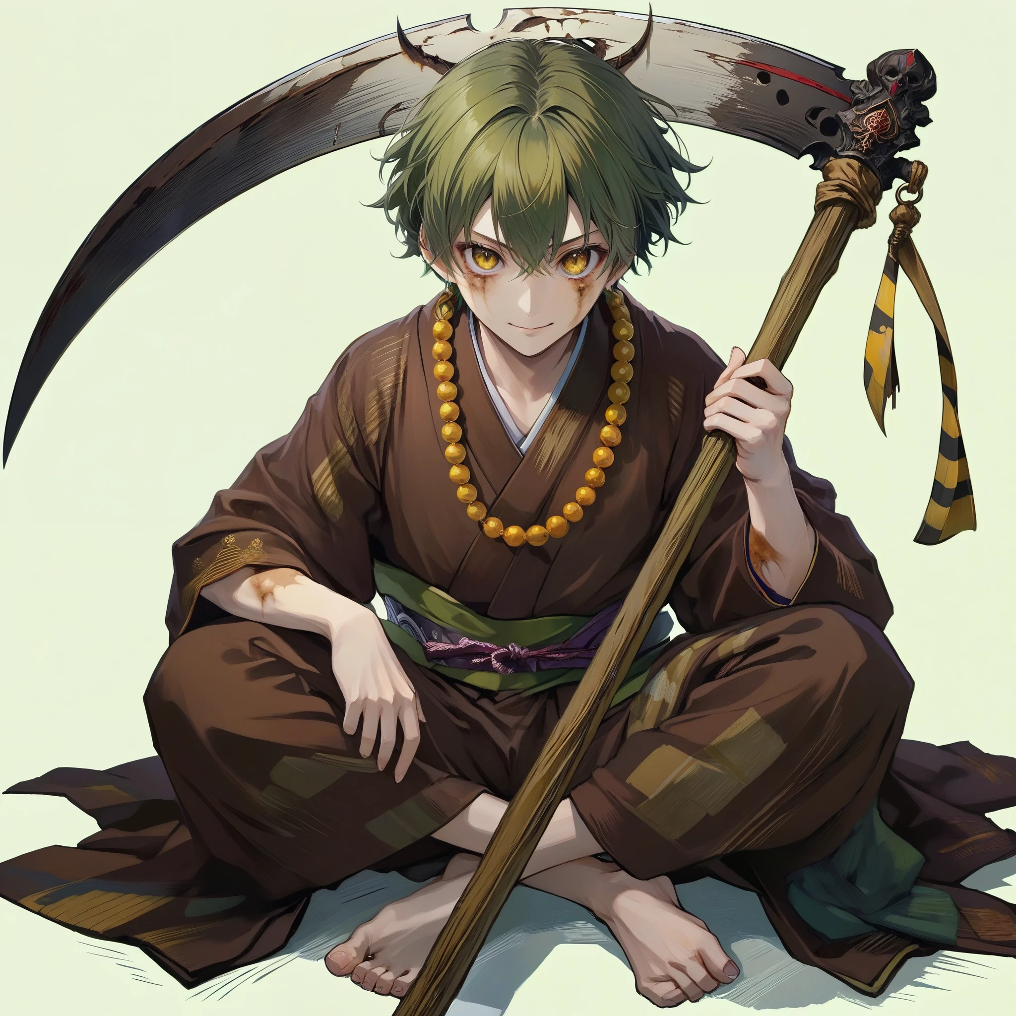 score_9, score_8_up, score_7_up, (Demon Slayer, kimetsu no yaiba style), Gyuutarou, (1man, solo), (25years old:1.5), (full body, muscular), (Japanese Monk's working clothes, easy kimono), stripe bead necklace, (green short hair, unkempt hair), small demon horns, yellow eyes, (evil smile:1.1), (brown bruises on face:1.5), sitting cross-legged, (holding scythe, Fixhand), front view