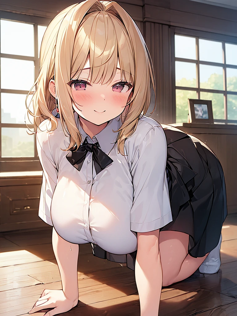 masterpiece、best quality、4K 、kawii、6ars old 、huge breasts、blond hair、short hair、Shigure Ui-Vtuber、upskirt、cameltoe、pale skin、black kneehighs、skirt lift、nun、from below、spread pussy