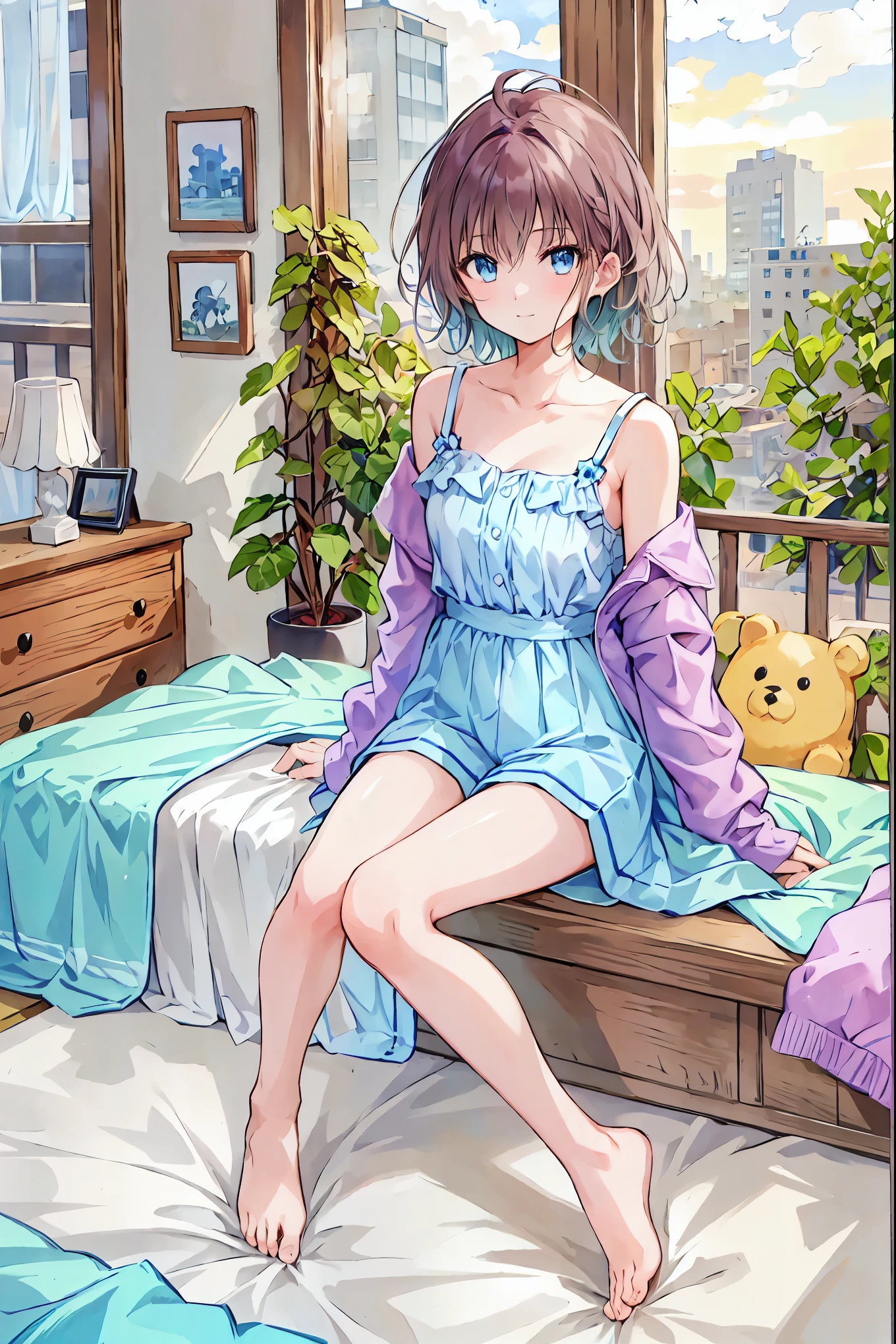 Brown Hair，Shortcuts，Messy Hair，Slender beauty，A dignified posture，Small chest，Beautiful feet，魅惑的なグレーブルーの目はstarのように輝いている，，Real Life Anime..'s room.Sitting.Kotatsu..(Short black socks).Cross-legged Sitting.(star pattern curtains).smile.card game.mobile phone.star.Planetarium.Nightstand.(White stuffed animal:1.2).(Hair Clip).(alphabet pendant)
game machine