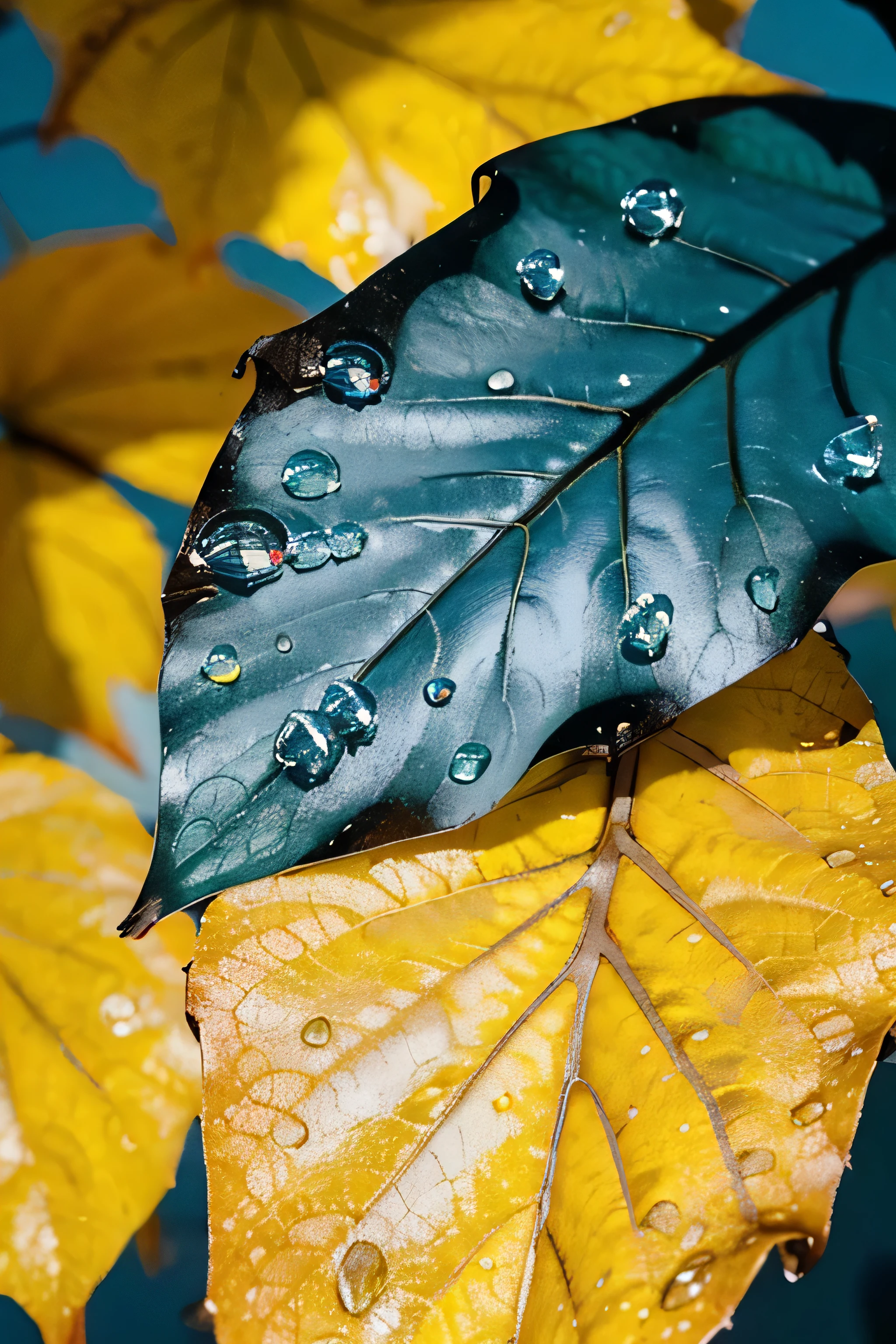 cold autumn twilight，waterdrops on a dried yellow leaf，close-up，blue background