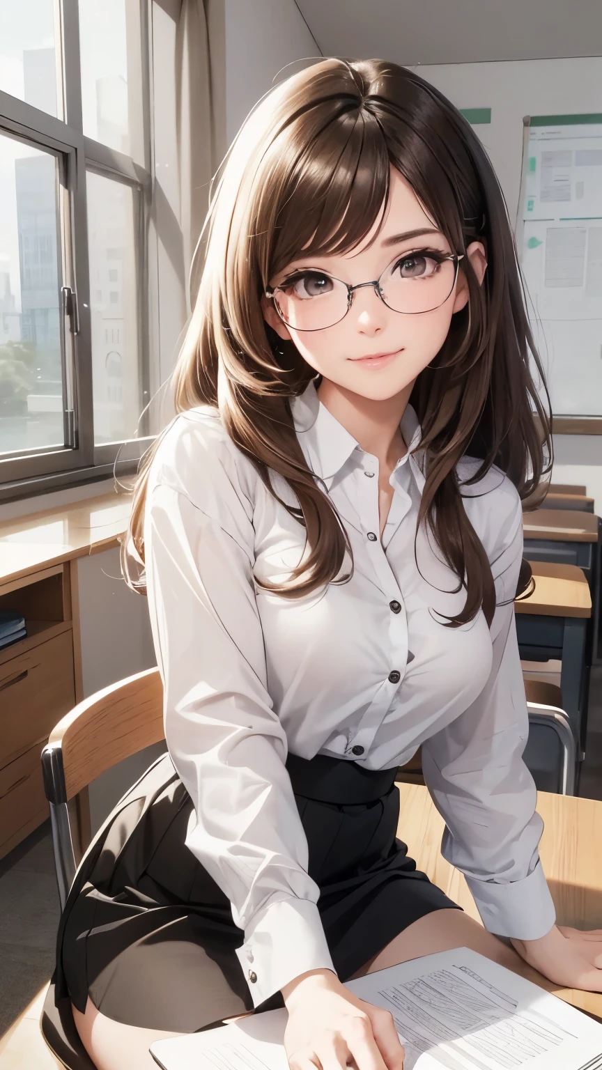 { masterpiece : best quality : high resolution : unity 8k wallpaper : illustration : beautiful detailed eyes : extremely detailed face : perfect lighting : extremely detailed CG : perfect hands : perfect anatomy } {realistic } { classroom }  { 1girl : Belle Delphine : cute_face :  (  blunt_brown_hair ):  glasses : Perfectly_shaped_breast : Perfectly_fit_body   : shy_smile : ( white_button_shirt, black_skirt ) } { sitting :  studying }