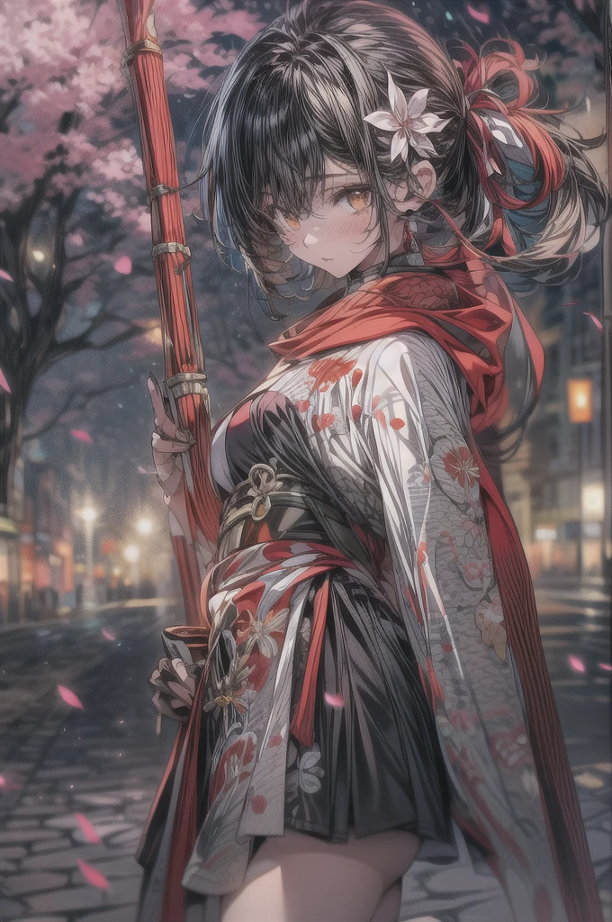 yoyoimiya from genshin impact, standing in a cherry blossom forest at night, detailed street lamps on a road, (best quality,4k,8k,highres,masterpiece:1.2),ultra-detailed,(realistic,photorealistic,photo-realistic:1.37),a long flowing cape-like scarf in red and yellow hues, a fantasy-realism-style gymnastics leotard with a long hemline attached, paired with matching leggings, ((black as the main color, complemented by red and yellow accents)) lighting,vibrant colors,cinematic composition,seamless integration, yoimiyadef, yoimiyarnd,