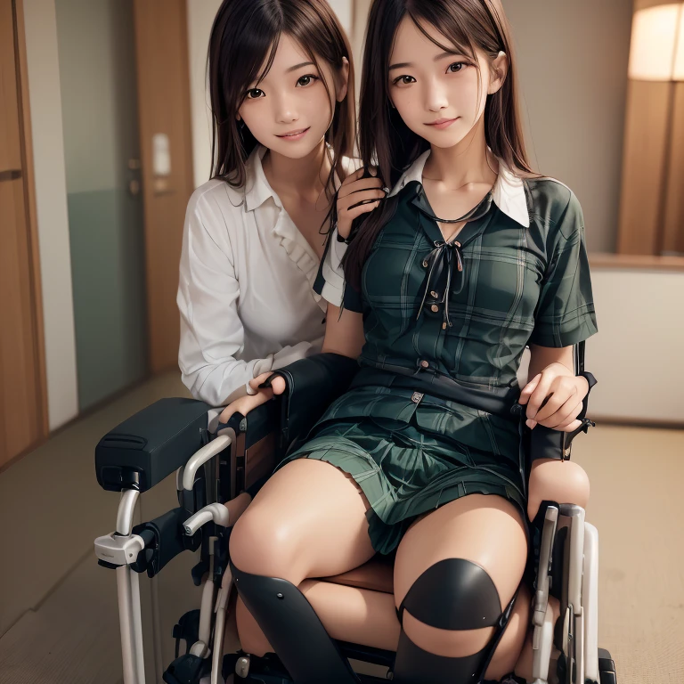 3girls,((((realistic very cute japanese anorexic girls is on wheelchair:1.5))))),(((having conversation with friend and nurse face to face while smiling))),4K, 8K, (Masterpiece, best quality:1.2),Very realistic eyes, perfect face,24years old,(((thin girl:1.5))),(((skinny girl:1.5))),(((slim girl:1.5))),(()),((childish ginny white skin,Narrow waist,dark brown hair,((wearing white ruffle blouse,dark green and black plaid skirt,brown leather lace up boots)),dark brown semi long hair,In the waiting room of a large hospital,