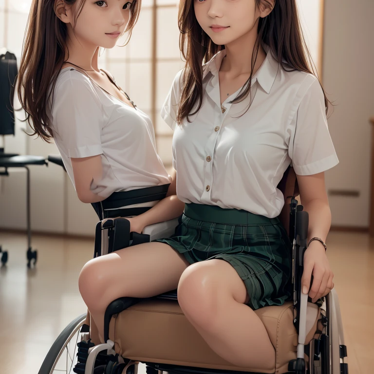 3girls,((((realistic very cute japanese anorexic girls is on wheelchair:1.5))))),(((having conversation with friend and nurse face to face while looking at each other's faces with smile))),4K, 8K, (Masterpiece, best quality:1.2),Very realistic eyes, perfect face,24years old,(((thin girl:1.5))),(((skinny girl:1.5))),(((slim girl:1.5))),((small girl)),((childish girl)),shinny white skin,Narrow waist,((wearing white ruffle blouse,green and black plaid skirt,brown leather lace up boots)),dark brown semi long hair,In the waiting room of a large hospital,long shot