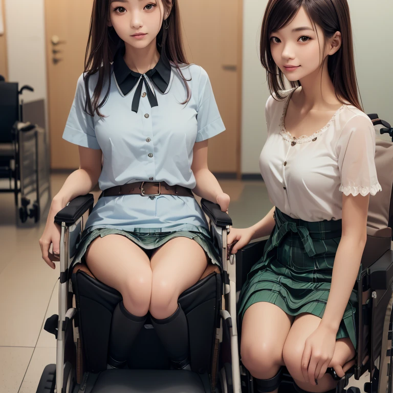 3girls,((((realistic very cute japanese anorexic girls is on wheelchair:1.5))))),(((having conversation with friend and nurse face to face while looking at each other's faces with smile))),4K, 8K, (Masterpiece, best quality:1.2),Very realistic eyes, perfect face,24years old,(((thin girl:1.5))),(((skinny girl:1.5))),(((slim girl:1.5))),((small girl)),((childish girl)),shinny white skin,Narrow waist,((wearing white ruffle blouse,green and black plaid skirt,brown leather lace up boots)),dark brown semi long hair,In the waiting room of a large hospital,long shot