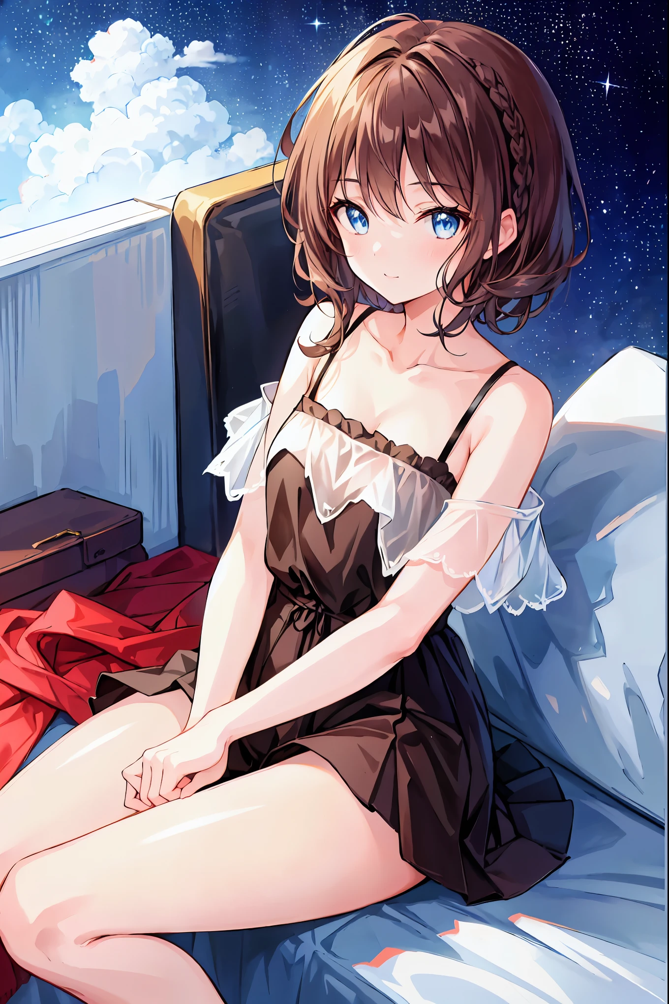 One girl, Alone, Brown Hair，Shortcuts，Messy Hair，Short braided hair，Neat，Slender beauty，A dignified posture，Small chest，Beautiful feet，魅惑的なグレーブルーの目はstarのように輝いている，Vibrant colors,Beautiful Eyes,A delicate smile,Textured Skin,The best quality at its best,A kind and beautiful woman,Anime Style, Sitting, null, Black camisole，I can see the girl&#39;s collarbone，Shorts, barefoot, Tokyo Tower can be seen in the background，cloud, indoor, pillow, Books, barefoot, Window Bed, night, on bed, stuffed toy, moon, stuffed toy, curtain, star (null), night null, machine, starry null, bubble, teddy bear, pajamas, clock, Books, lamp, Bed room, crescent moon, ,