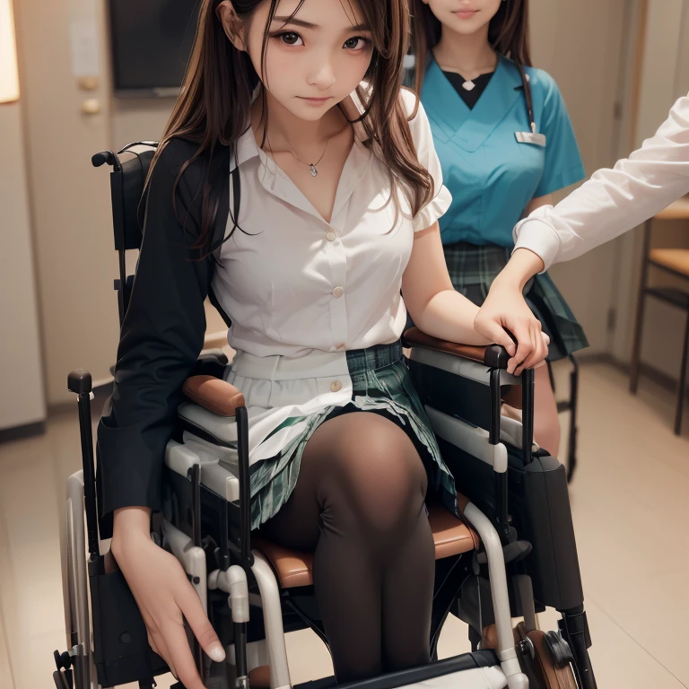 3girls,((((realistic very cute japanese anorexic girls is on wheelchair:1.5))))),(((nurse is pushing a wheelchair))),(((having conversation with friend and nurse face to face while looking at each other's faces with smile))),4K, 8K, (Masterpiece, best quality:1.2),Very realistic eyes, perfect face,24years old,(((thin girl:1.5))),(((skinny girl:1.5))),(((slim girl:1.5))),(( girl)),((childirl)),shinny white skin,Narrow waist,((wearing white ruffle blouse,green and black plaid skirt,brown leather lace up boots)),dark brown semi long hair,In the waiting room of a large hospital,long shot