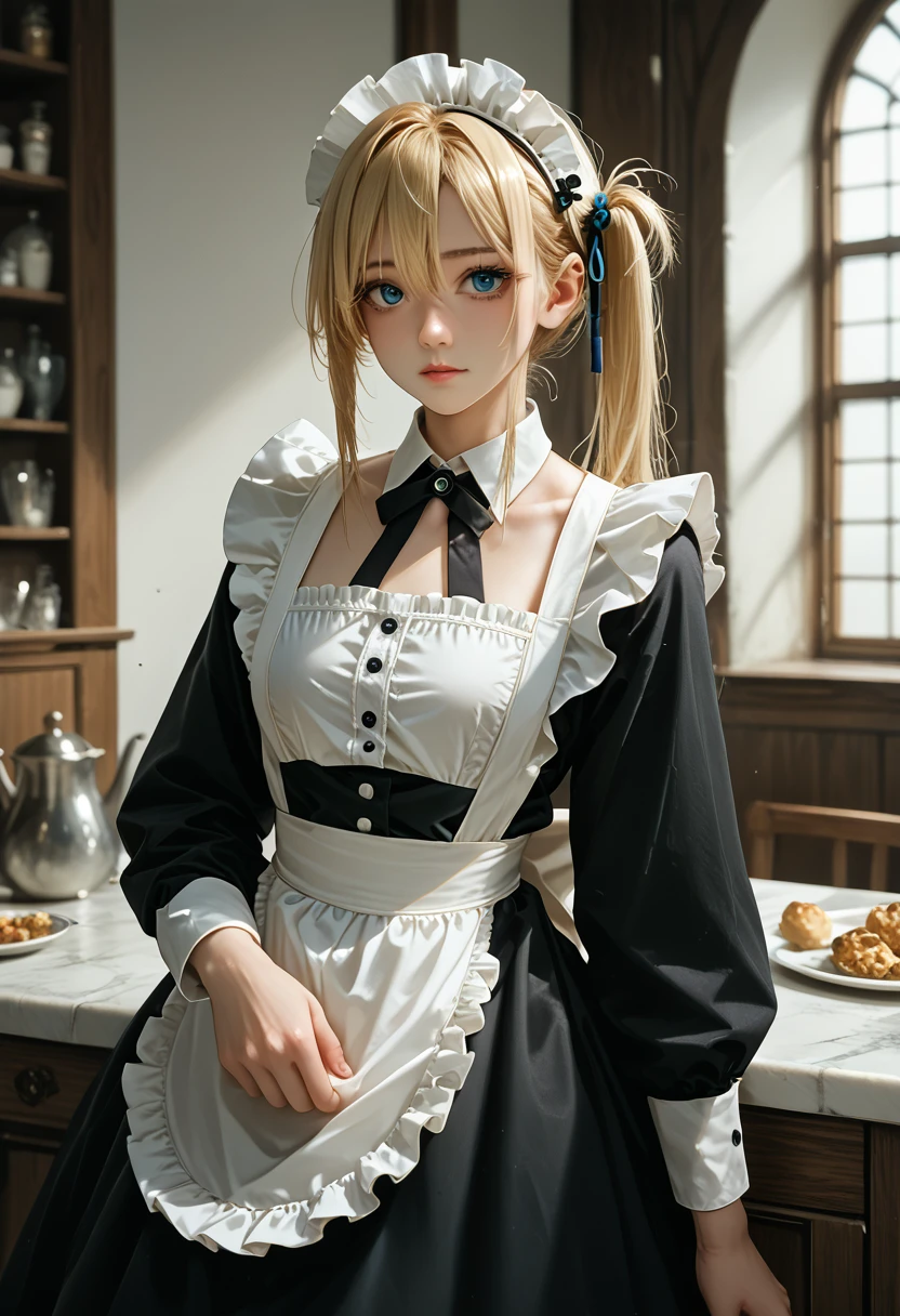 a masterpiece of the highest quality, High resolution, 1 girl, Hayasaka Moon, One, Blonde Hair, Maid, blue eyes, Side Tail, Hair ties, Hair accessories, синяя Hair ties, Maid headdress, apron, Hair between the eyes, chest, Long sleeve, bang, White shirt, Black Dress, Side Lock, Maid apron, Black tights,  Cowboy Shot,  