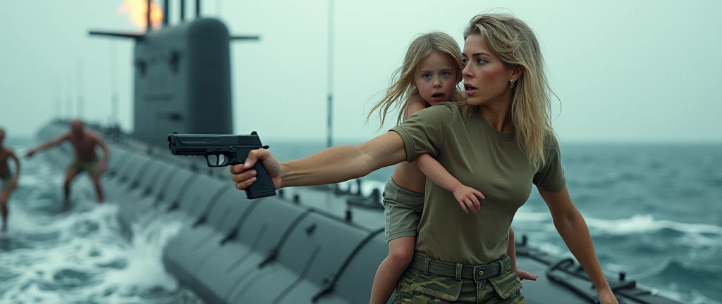 8k,Realistic、Hyperrealistic、The location is on top of a large submarine sailing at sea.、Rough seas.、Beautiful French woman wearing camouflage cargo pants and khaki t-shirt、1、whole body、Large Breasts、blue eyes、Her medium-long blonde hair is blowing in the wind.、She is holding a French girl, horde of rotten zombies attacks her..、She shouts as she points the Beretta M92F pistol in her right hand at the zombies.。.