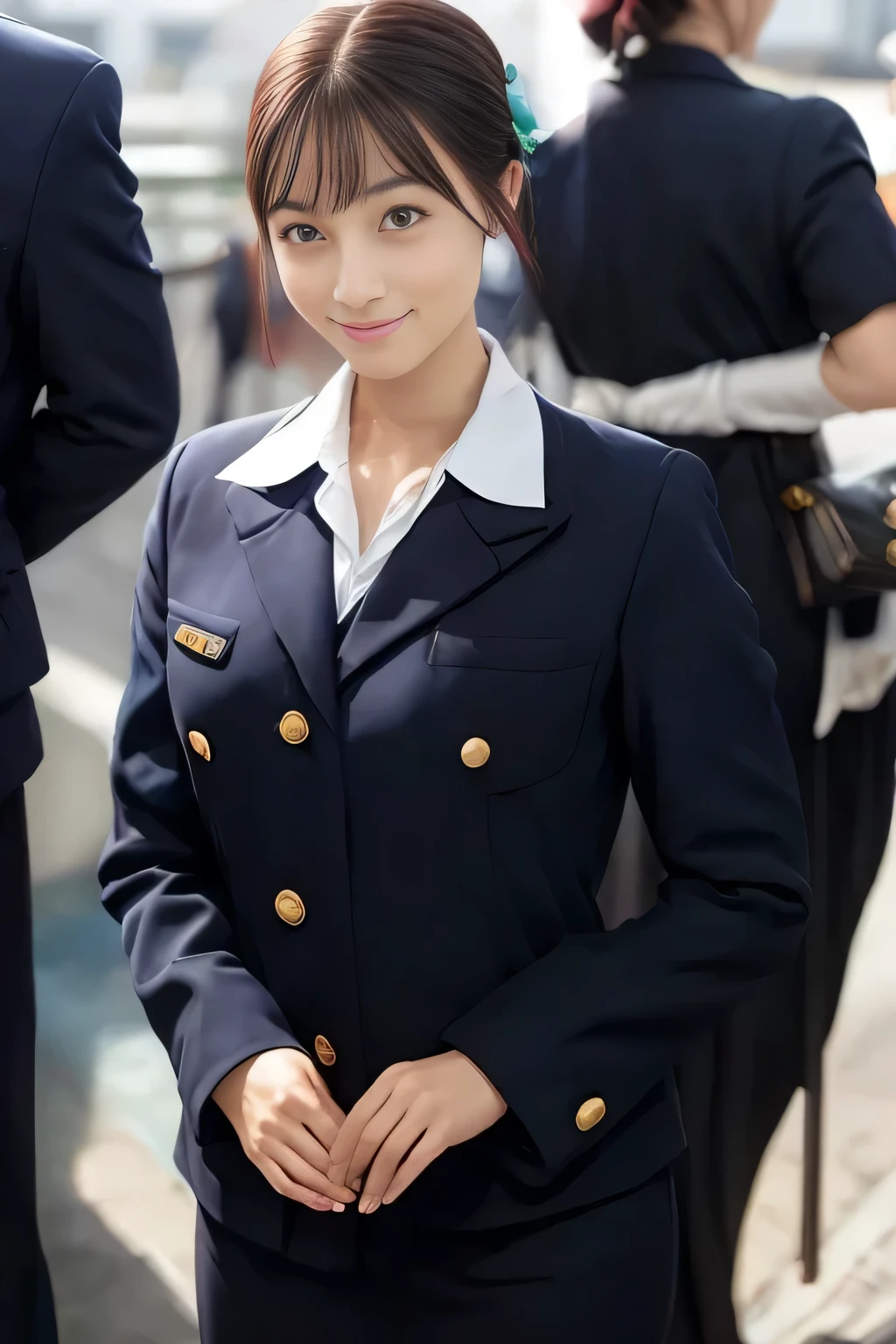 (masterpiece:1.2, Best Quality:1.2), 32K HDR, High resolution, (Alone、1 girl)、(On the roof of a building during the day、Professional Lighting)、Building rooftop background、(Japan Air System cabincrew Uniformを着たリアルスタイル)、((Japan Air System cabincrew uniform jacket with buttons on both breast pockets、White short sleeve blouse 、 Jumper skirt、Scarf around the neck))、Dark brown hair、(Long Hair、Hair tied up、Hair tied up)、Dark brown hair、Long Shot、Big Breasts、Thin legs、((Great hands:2.0)),((Harmonious body proportions:1.5)),((Normal limbs:2.0)),((Normal finger:2.0)),((Delicate eyes:2.0)),((Normal eyes:2.0)))、smile、(Japan Air System cabincrew Uniformを見せた美しい立ち姿)、Hands down