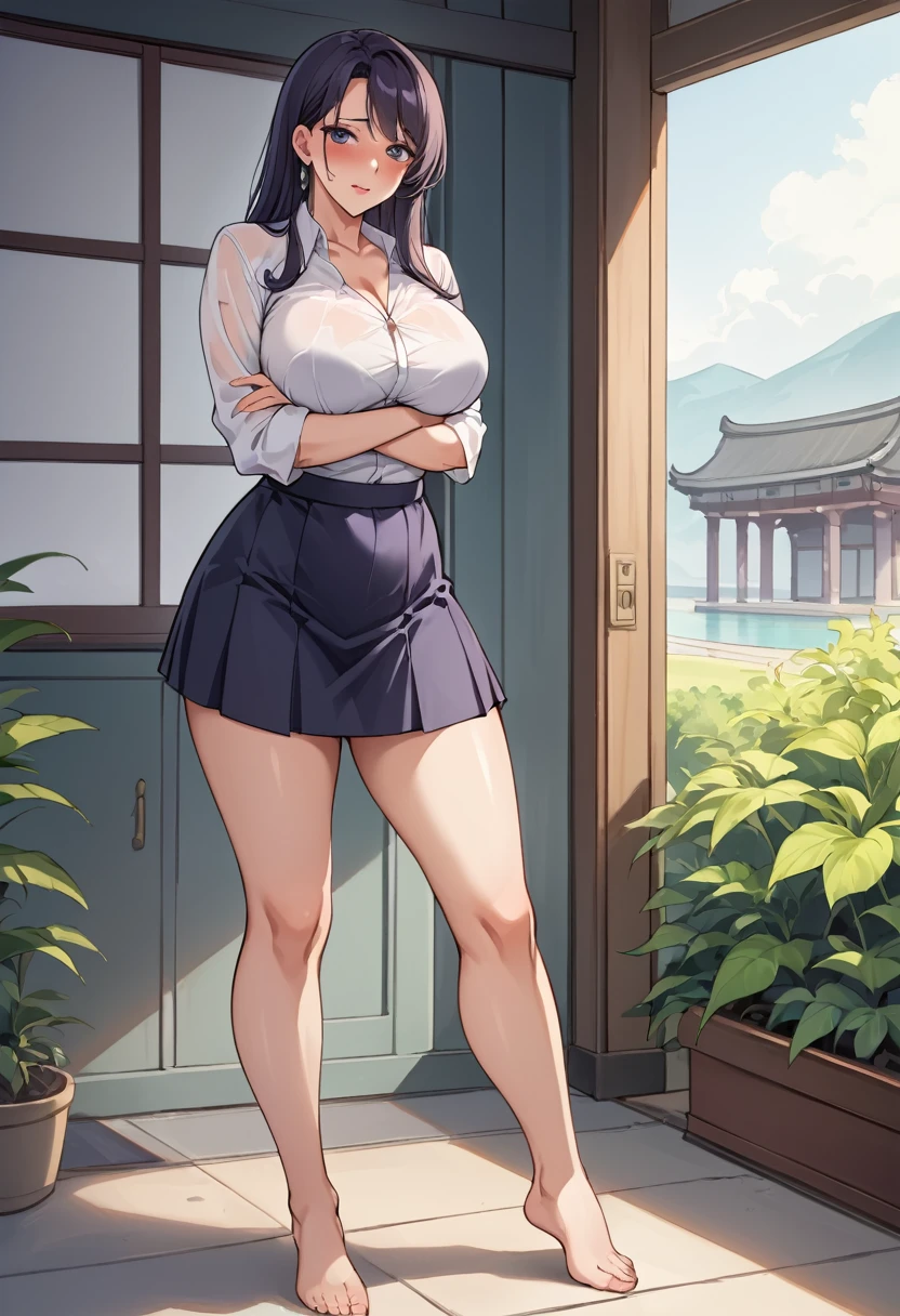 Score_9, Score_8_superior, Score_7_superior, source_anime, (masterpiece, Best Quality, Very detailed, High resolution, detailed eyes) Blake 1 Female, Mature Woman、front，Full body portrait，Large calves、Large quadriceps、D cup breasts、Alluring、Bare legs、loose mini skirt、Not wearing pants、Wet with 、White shirt、The chest is open boldly、barefoot、Embarrassed look、Blushed、Beautiful Eyes、Good anatomy