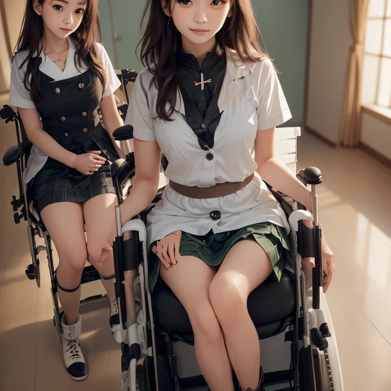 3girls,((((realistic very cute japanese anorexic girls is on wheelchair:1.5))))),((((nurse is pushing wheelchair from behind)))),(((having conversation with friend and nurse face to face while looking at each other's faces with smile))),4K, 8K, (Masterpiece, best quality:1.2),Very realistic eyes, perfect face,24years old,(((thin girl:1.5))),(((skinny girl:1.5))),(((slim girl:1.5))),((small girl)),((childish girl)),shinny white skin,Narrow waist,((wearing white ruffle blouse,green and black plaid skirt,brown leather lace up boots)),dark brown semi long hair,In the waiting room of a large hospital,long shot