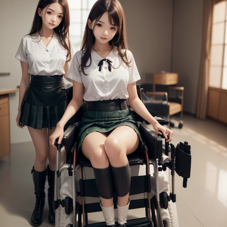 3girls,((((realistic very cute japanese anorexic girls is on wheelchair:1.5))))),((((nurse is pushing wheelchair from behind)))),(((having conversation with friend and nurse face to face while looking at each other's faces with smile))),4K, 8K, (Masterpiece, best quality:1.2),Very realistic eyes, perfect face,24years old,(((thin girl:1.5))),(((skinny girl:1.5))),(((slim girl:1.5))),((small girl)),((childish girl)),shinny white skin,Narrow waist,((wearing white ruffle blouse,green and black plaid skirt,brown leather lace up boots)),dark brown semi long hair,In the waiting room of a large hospital,long shot