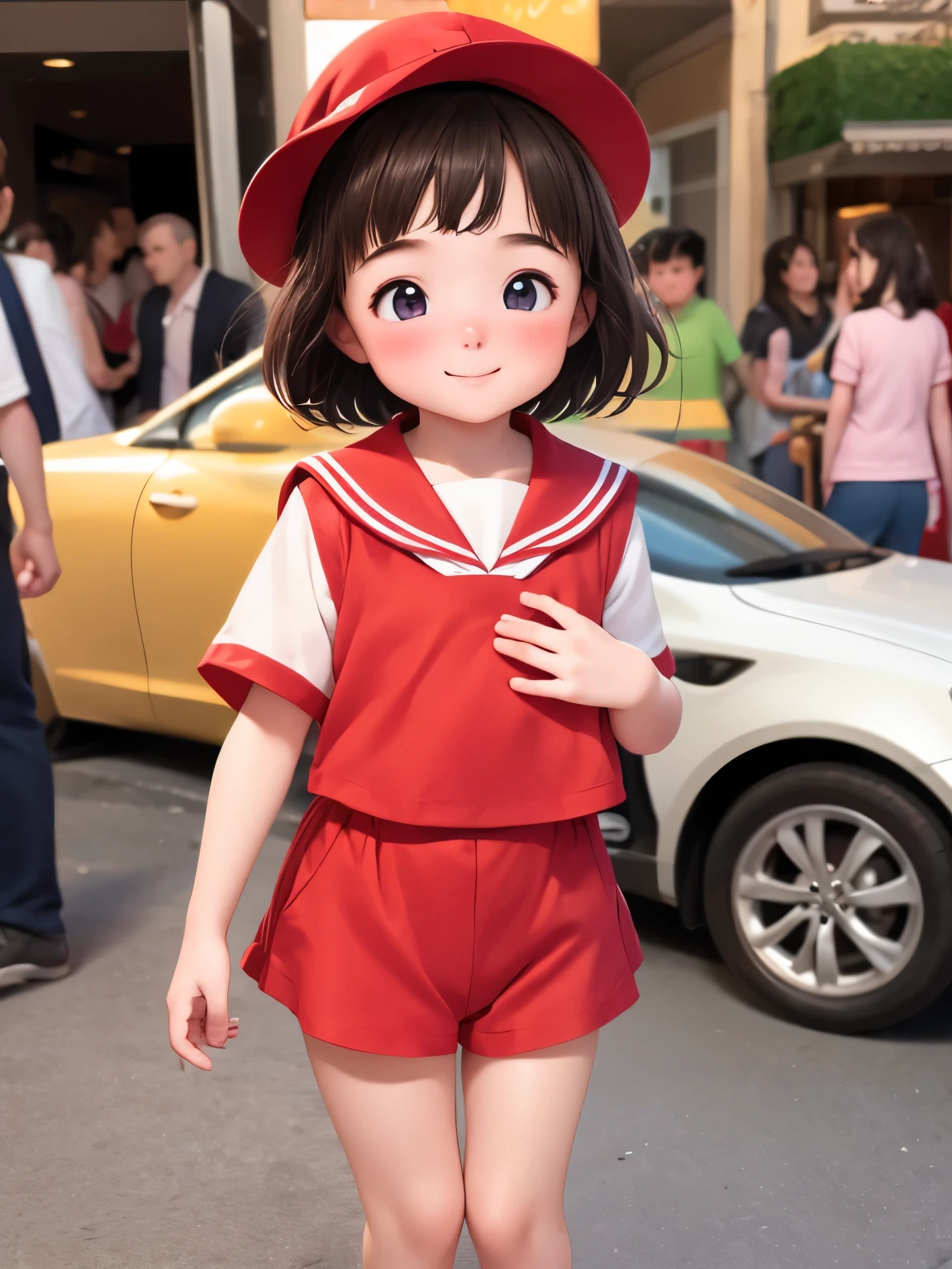 Best Quality，Young  ，1 person，A shy smile，Fisheye Lens，shy，Red cheeks，Very cute ，baby face，Very short stature，Flat chest, very thin thighs，Short-sleeved sailor suit，Shopping street in the middle of the crowd，Crafty move，Strong winds，