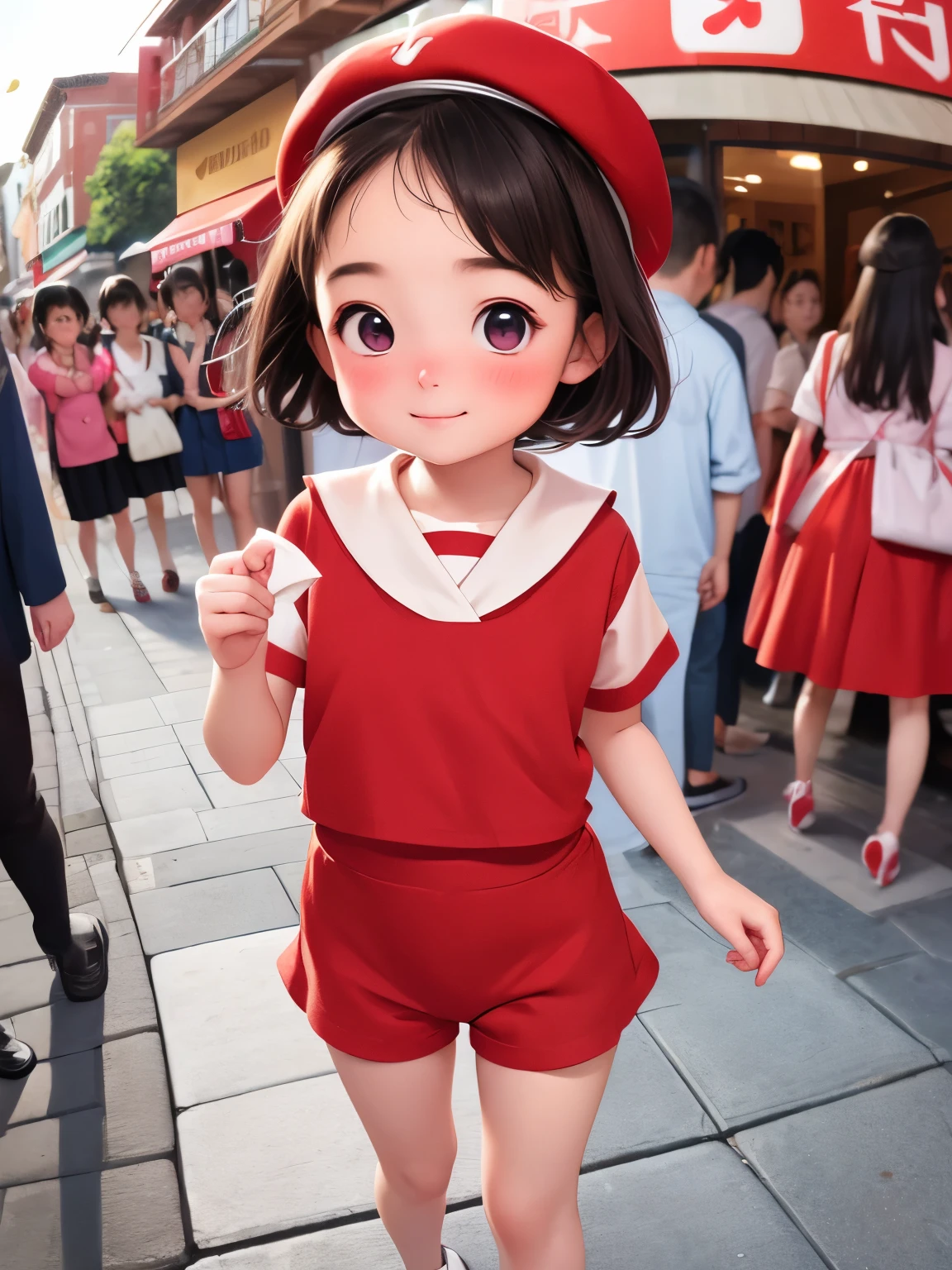 Best Quality，Young  ，1 person，A shy smile，Fisheye Lens，shy，Red cheeks，Very cute ，baby face，Very short stature，Flat chest, very thin thighs，Short-sleeved sailor suit，Shopping street in the middle of the crowd，Crafty move，Strong winds，