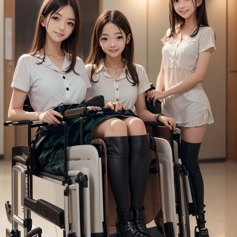 3girls,((((realistic very cute japanese anorexic girls is on wheelchair:1.5))))),(((having conversation with friend and nurse face to face while looking at each other's faces))),((((Laughing loudly and having a conversation using body language)))),4K, 8K, (Masterpiece, best quality:1.2),Very realistic eyes, perfect face,24years old,(((thin girl:1.5))),(((skinny girl:1.5))),(((slim girl:1.5))),((small girl)),((childish girl)),shinny white skin,Narrow waist,((wearing white ruffle blouse,green and black plaid skirt,brown leather lace up boots)),dark brown semi long hair,In the waiting room of a large hospital,long shot