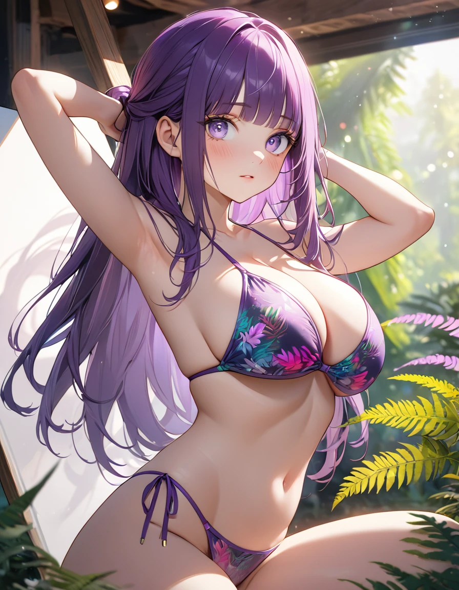 masterpiece, best quality, 8k, highres, ultra-detailed,HDR, UHD, studio lighting, ultra-fine painting, sharp focus, physically-based rendering, extreme detail description, professional, vivid colors, bokeh, FernFrieren, Fern, Long Hair, bangs, (Purple eyes:1.1), Purple Hair, Side Lock, blunt bangs, (Bright Eyes:1.5), Half Up,Big breast, standing, looking at viewer, 
bikini,outdoors, indoor, low angle, squatting, arms behind head, blush, from front, cleavage, SimplePositiveXLv2