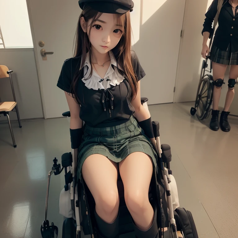 1girl,boy,((((realistic very cute japanese anorexic girls is on wheelchair:1.5))))),((((suspicious men with cap are standing behind wheelchair)))),4K, 8K, (Masterpiece, best quality:1.2),Very realistic eyes, perfect face,24years old,(((thin girl:1.5))),(((skinny girl:1.5))),(((slim girl:1.5))),((small girl)),((childish girl)),shinny white skin,Narrow waist,((wearing white ruffle blouse,green and black plaid skirt,brown leather lace up boots)),dark brown semi long hair,In the waiting room of a large hospital,long shot