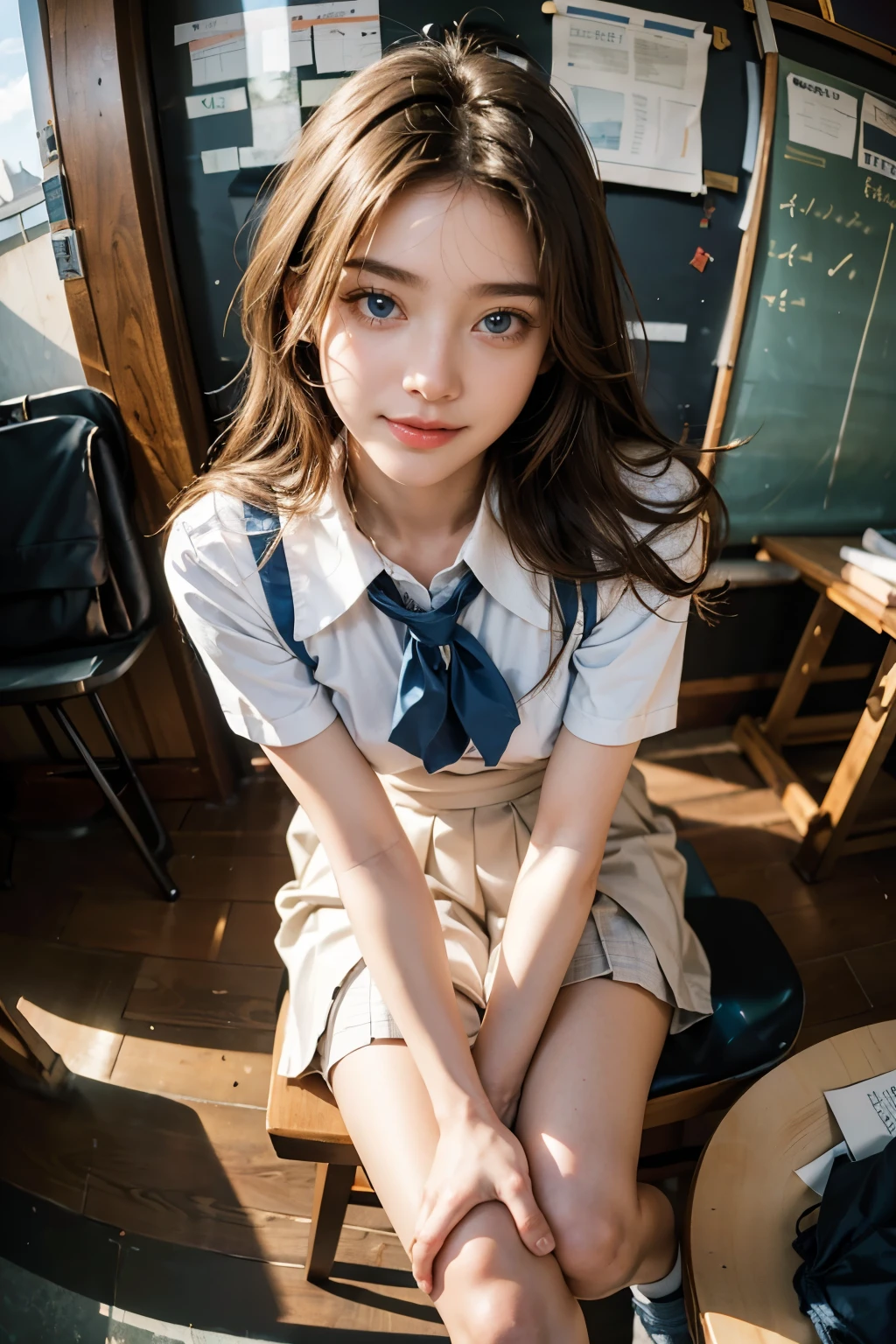 Best Quality, masterpiece ultra high resolution 8k,((Portrait of a person sitting with legs together:1.4)), (Realistic:1.6), ((blue eyes)),((A radiant smile)), RAW Photos,((Realisticな美肌)),((School uniform:1.4)),((Soft looking breasts)),((Upper body photo)),1 person,Adult female,(Lots of smiles, )) ,((Random hairstyles with ribbons)),((Looking up at the audience)),Face Focus:1.4,((Photographed from above with a fisheye lens:1.15)),