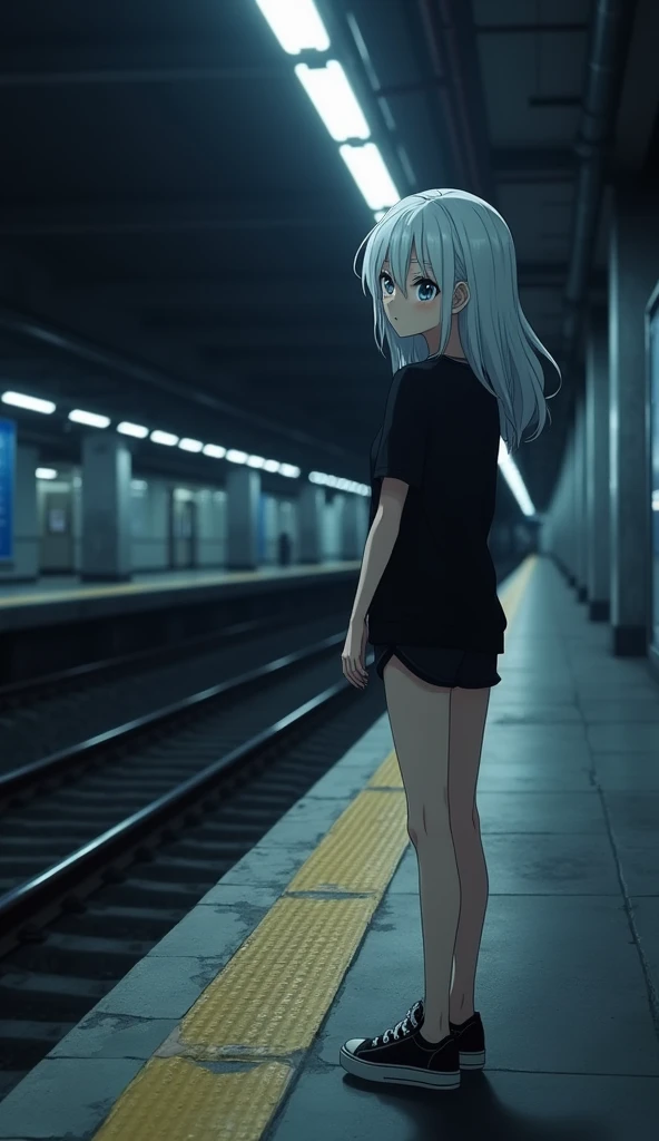 There is a naked girl on the rails, looking with killer look, forrest, fog, natural scene