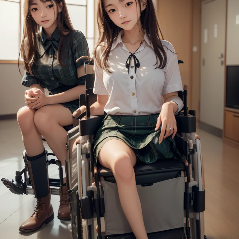 1girl,1boy,((((realistic very cute japanese anorexic girls is on wheelchair:1.5))))),((((male suspicious men with cap are standing behind wheelchair)))),4K, 8K, (Masterpiece, best quality:1.2),Very realistic eyes, perfect face,24years old,(((thin girl:1.5))),(((skinny girl:1.5))),(((slim girl:1.5))),((small girl)),((childish girl)),shinny white skin,Narrow waist,((wearing white ruffle blouse,green and black plaid skirt,brown leather lace up boots)),dark brown semi long hair,In the waiting room of a large hospital,long shot