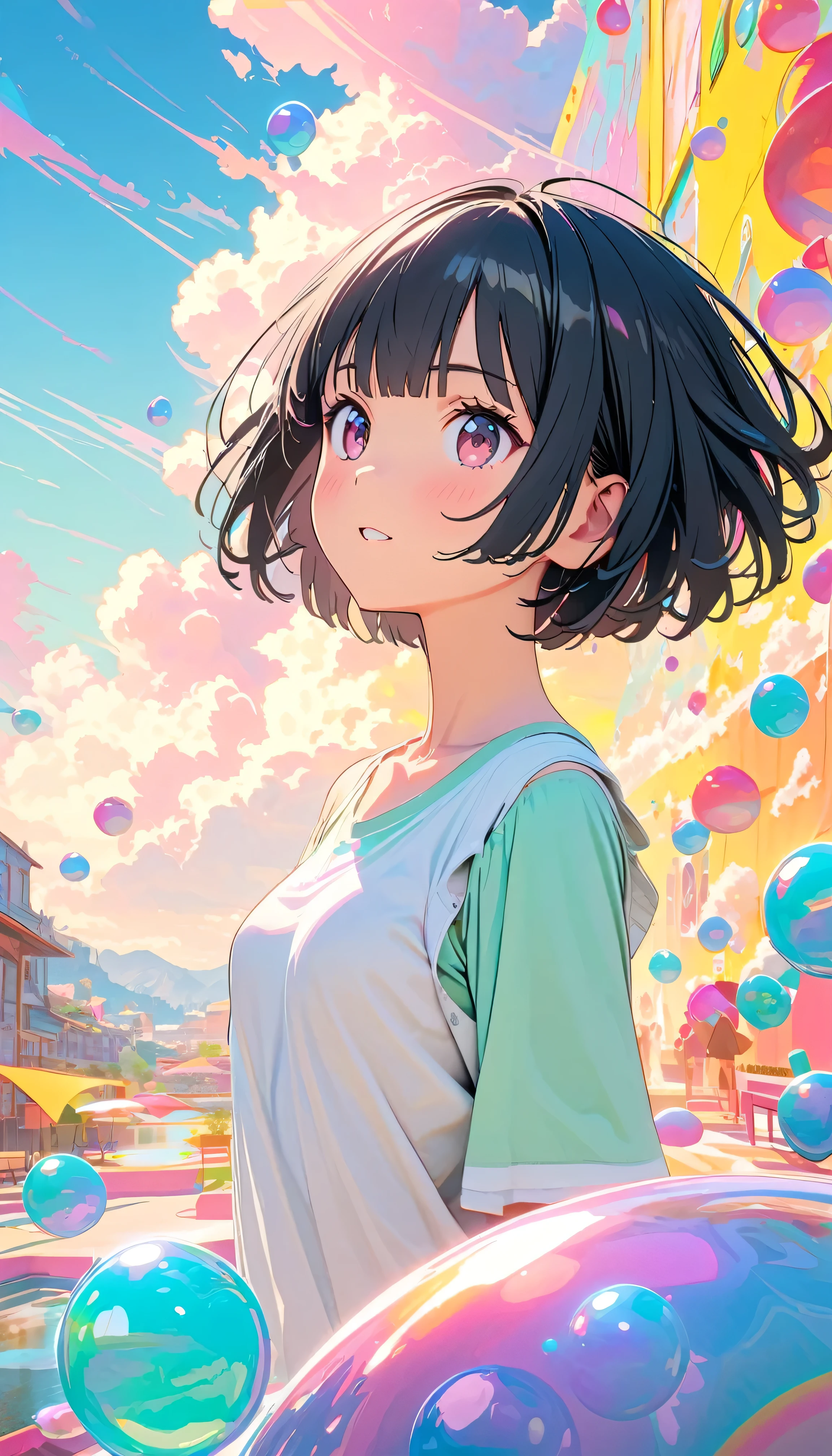 Best Quality, Super Fine, 8k, Unbelievably absurd, Very detailed, 2.5D, Beautiful Goddess, Soap bubbles, Pastel colored clouds, Sunshine, Pop Art, Delicate and dynamic, Pastel Color Fantasy, Black Hair？Bobcut, Very young, Small breasts, Official Art