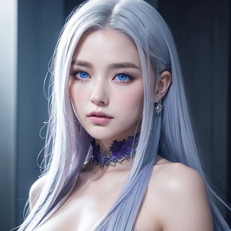 best quality, blue long hair, ultra high res, (photorealistic:1.4), 1girl,silver dress,white teeth, slightly open mouth, warm tone cinema light, (slightly turned around body:1.4) PureErosFace_V1, white tit, cowgirl,heavy eye makeup, erotic pose