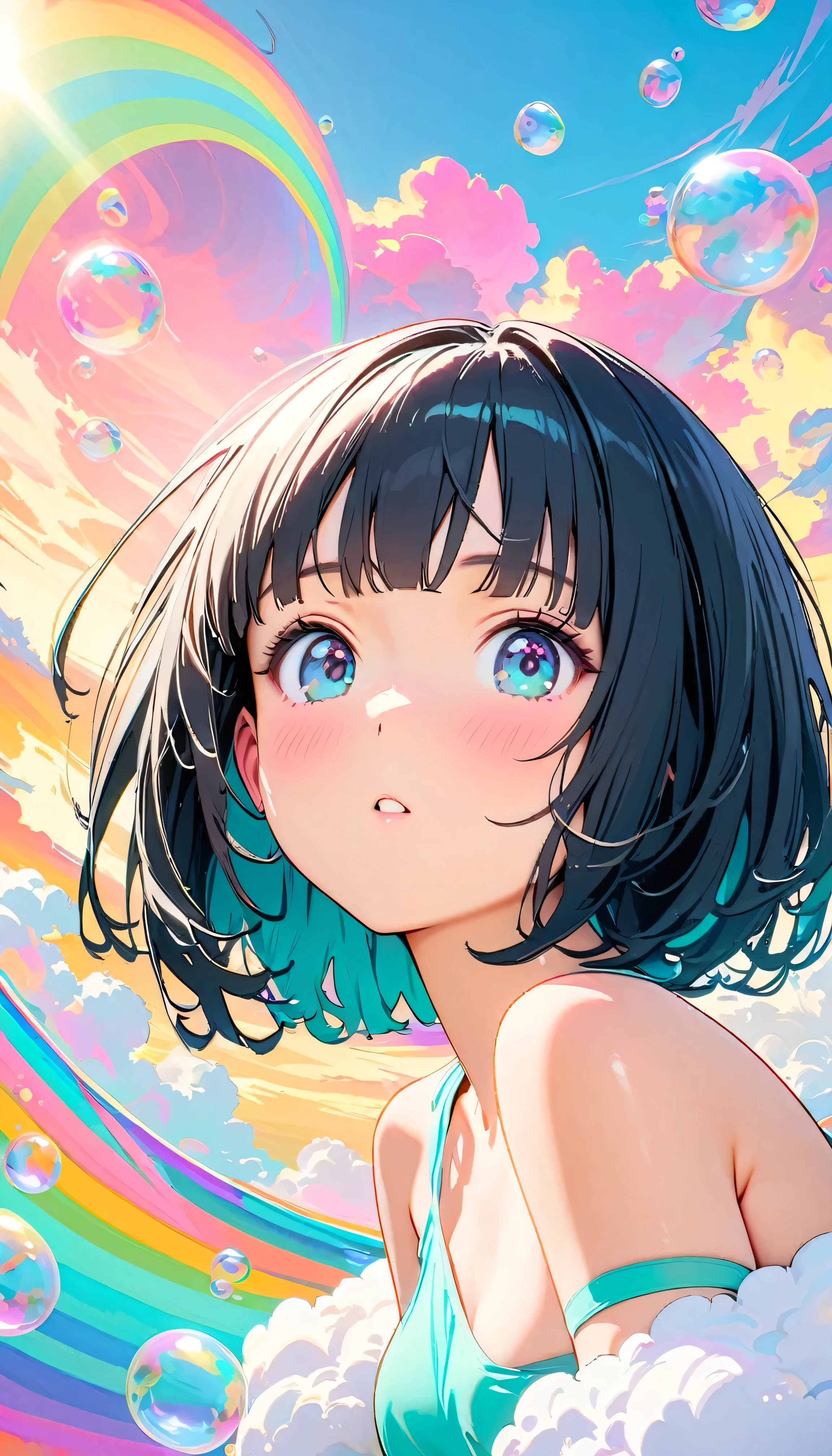 Best Quality, Super Fine, 8k, Unbelievably absurd, Very detailed, 2.5D, Beautiful Goddess, Soap bubbles, Pastel colored clouds, Sunshine, Pop Art, Delicate and dynamic, Pastel Color Fantasy, Black Hair？Bobcut, Very young, Small breasts, Official Art