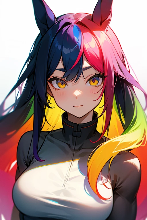 (masterpiece,best quality,ultra-detailed),1girl, rainbow hair, multicolored hair,very long hair,messy hair,(((multicolored skin, rainbow skin))),small chest, multicolored military jacket ,((grey theme)),in a forest,((multicolored animal print clothes))