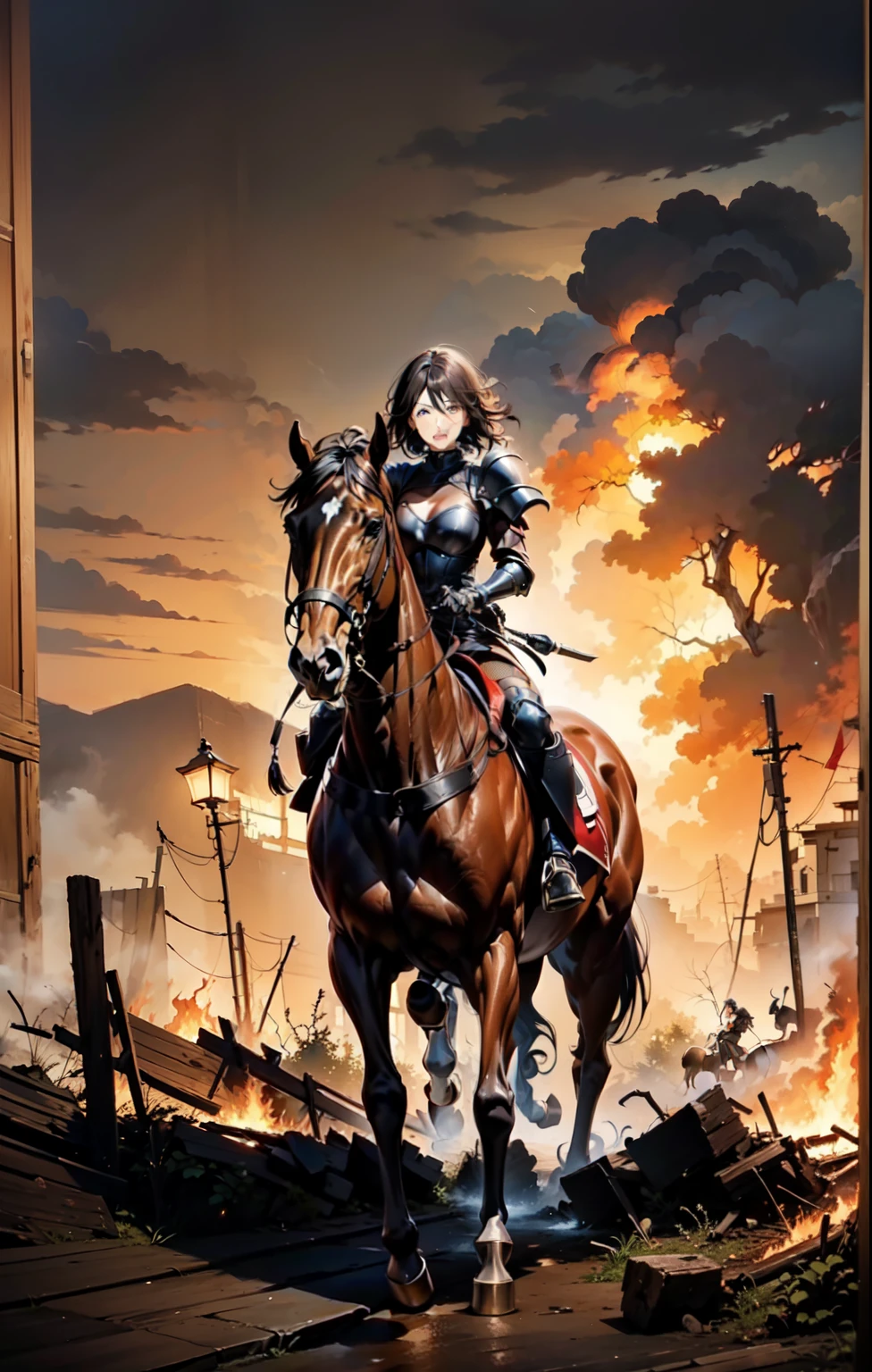 ((best quality)), ((anime masterpiece)), (high detailed), 8k, cinematic lighting, perfect face, panic face, a young female knight riding a HORSE, riding through wildfire, open mouth:0.1, (brown eyes, pixie cut, hair between eyes, {brunette}, large breast), (brown armor, bare leg, black gloves, greaves), (brown horse, saddle, reins, bridle, stir ups), wildfire scene, in the forest, solo, both hand holding rein, from side: 1.2, anatomically correct 