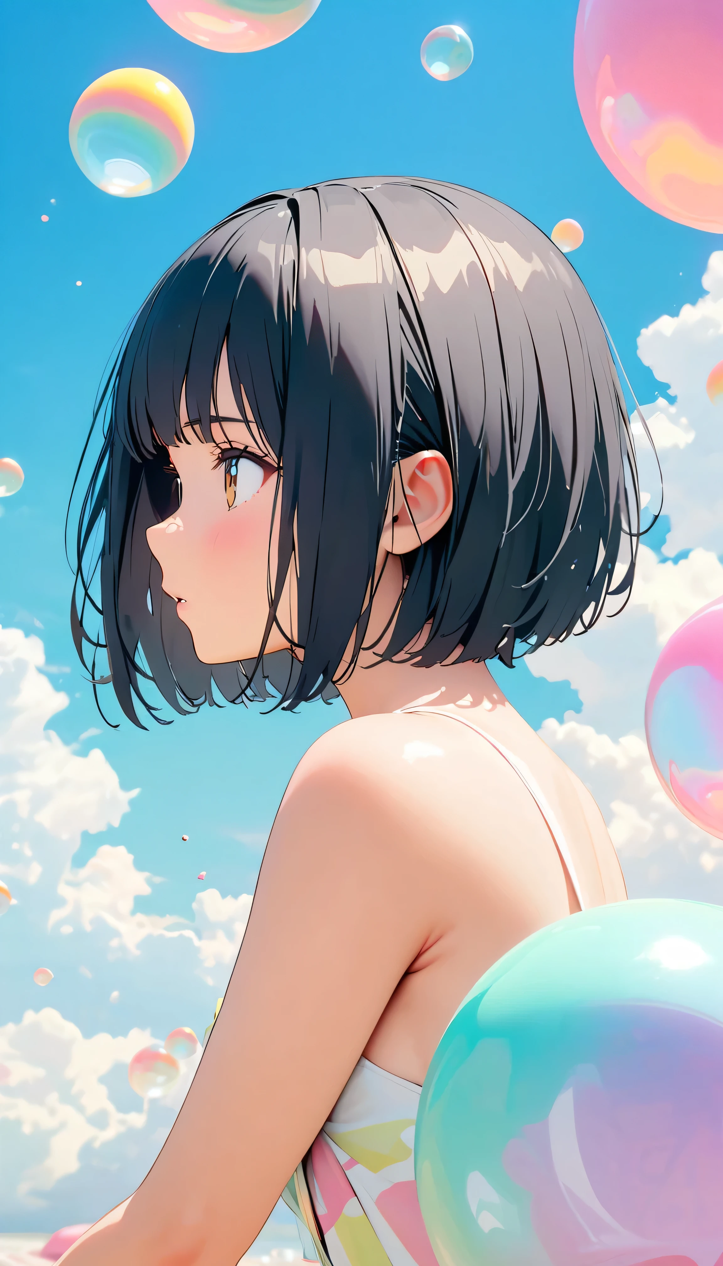 Best Quality, Super Fine, 8k, Unbelievably absurd, Very detailed, 2.5D, Beautiful Goddess, Soap bubbles, Pastel colored clouds, Sunshine, Pop Art, Delicate and dynamic, Pastel Color Fantasy, Black Hair？Bobcut, Very young, Small breasts, Official Art